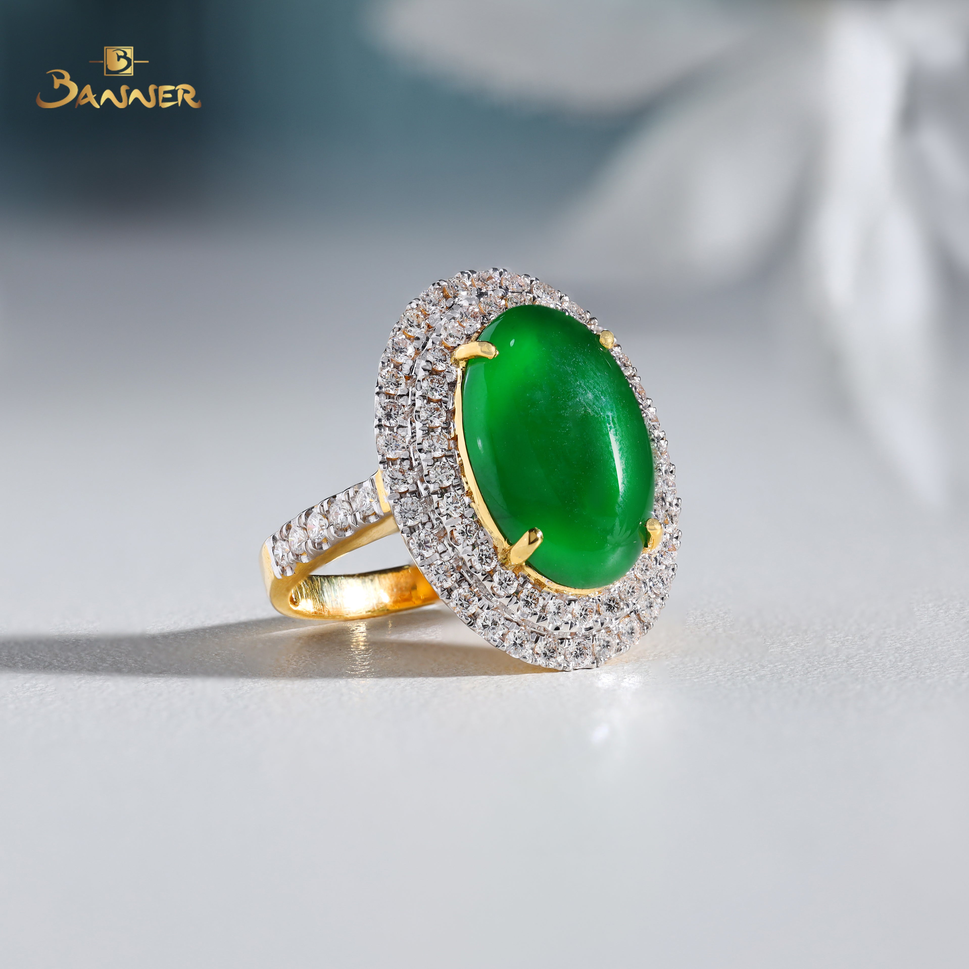 Jade and Diamond Double Halo Ring