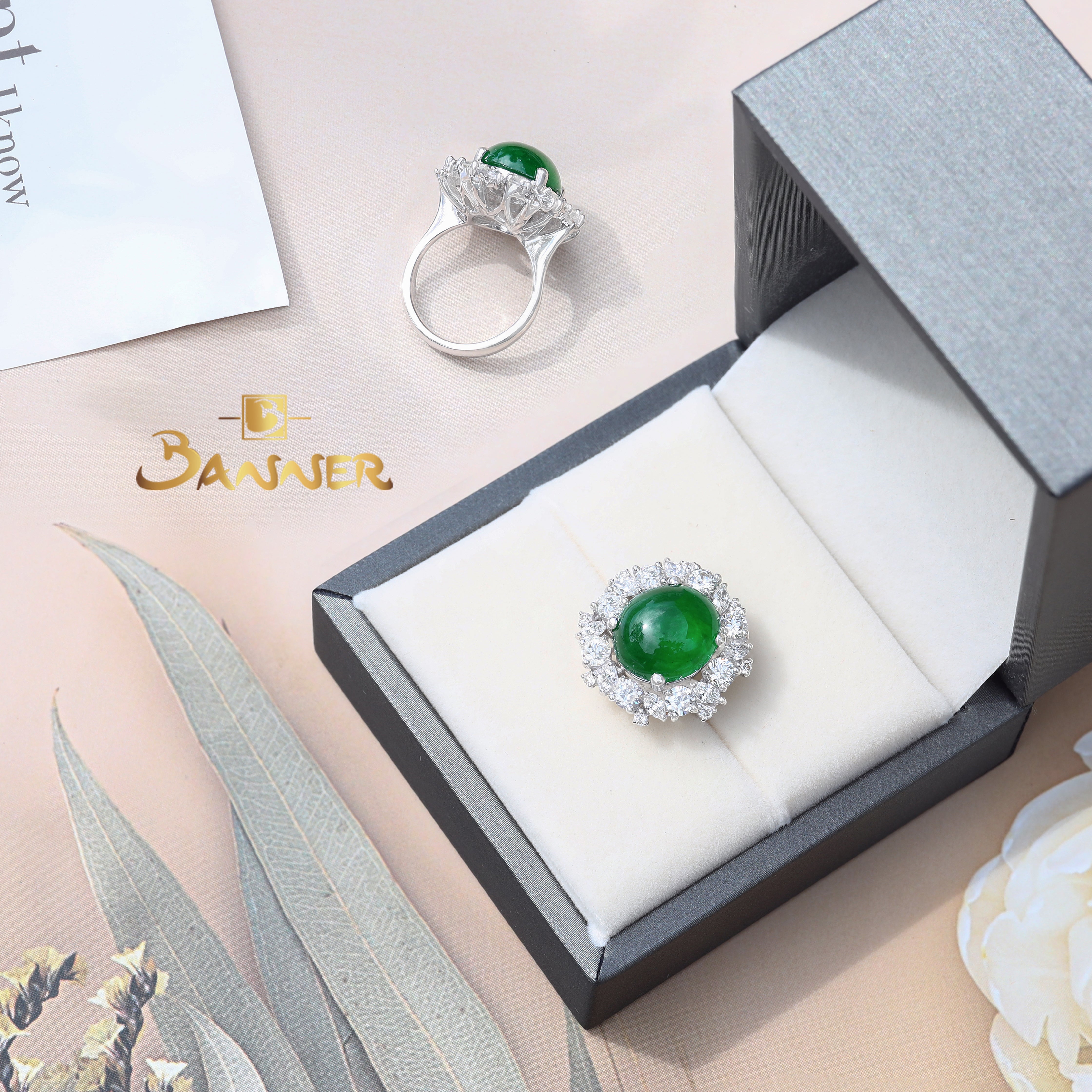 Jade and Diamond Floral Ring