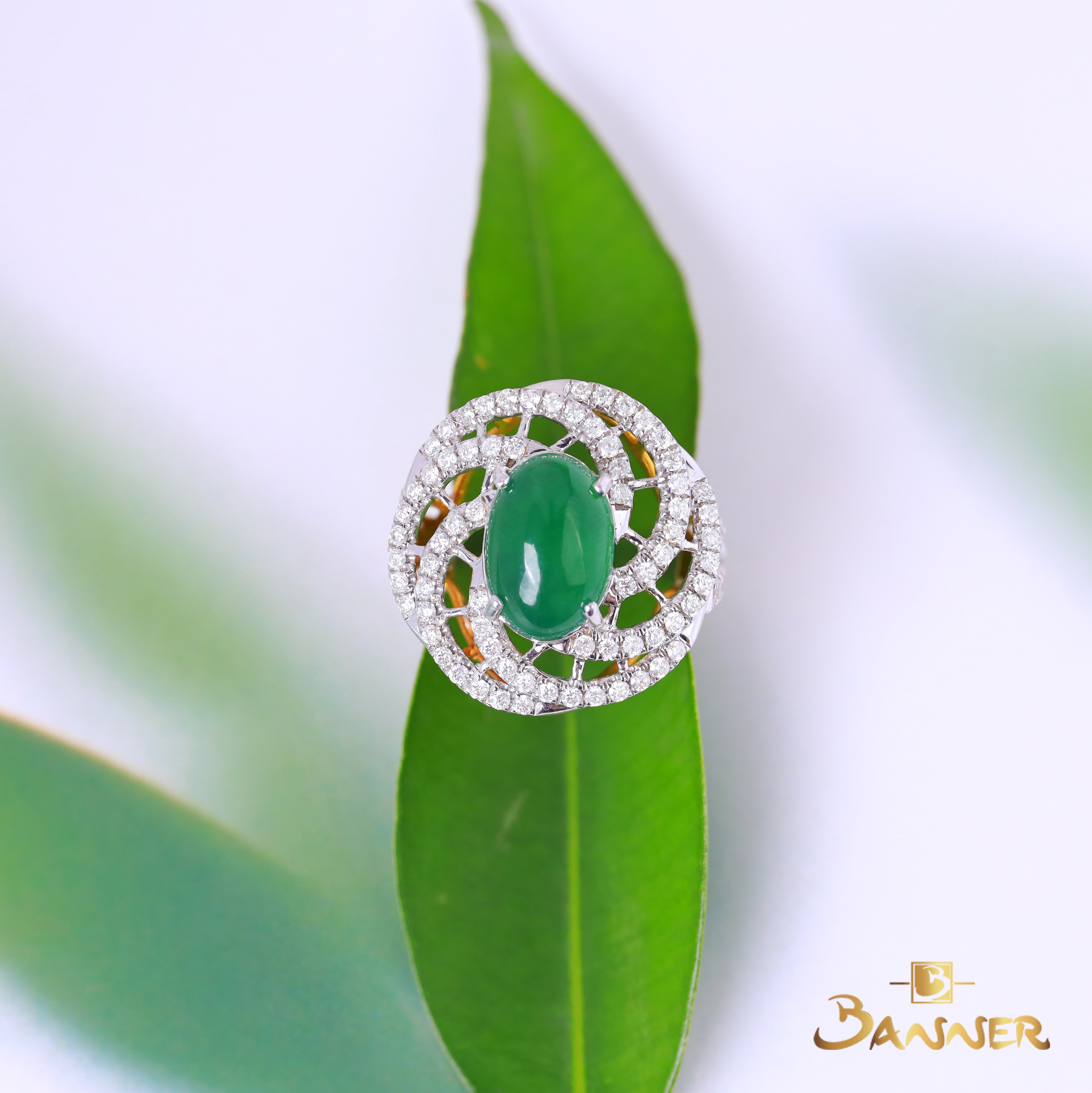 Imperial Green Jade and Diamond Floral Ring