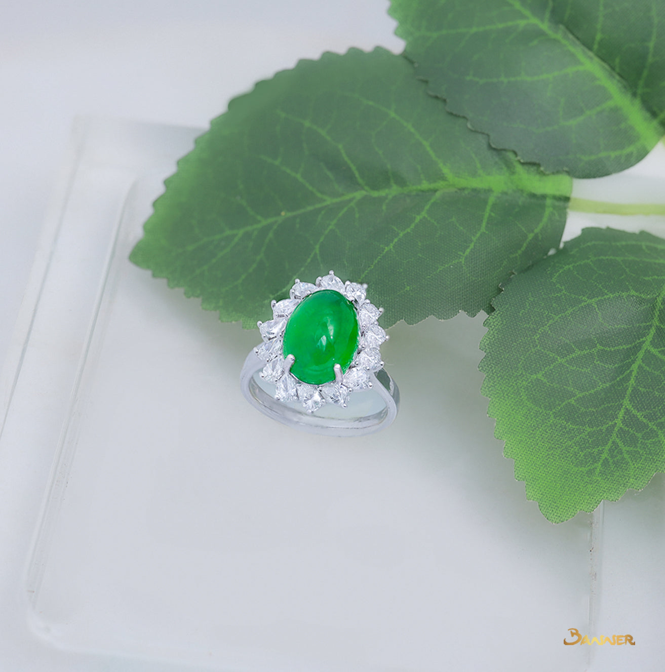 Green Jade and Diamond Floral Ring