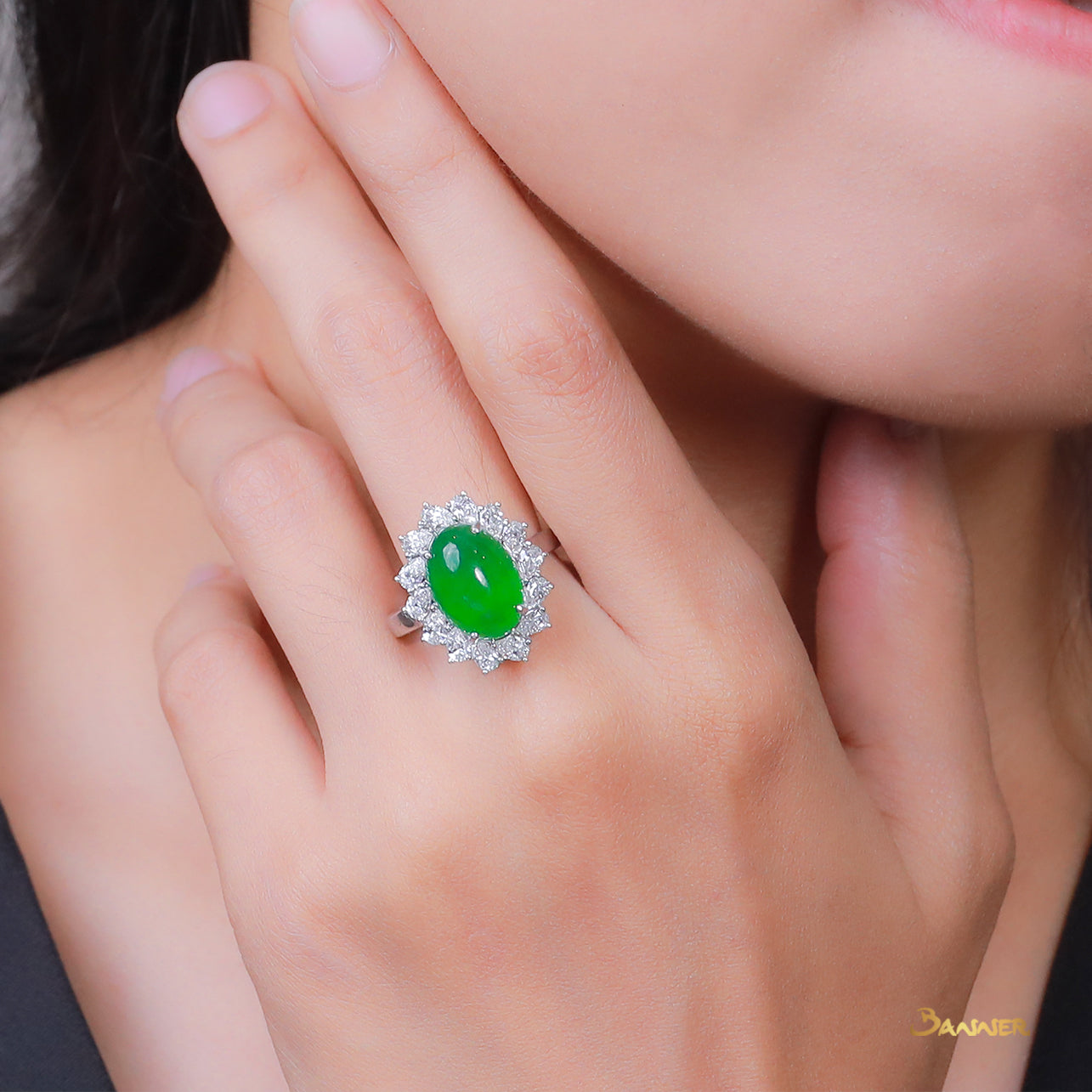 Green Jade and Diamond Floral Ring