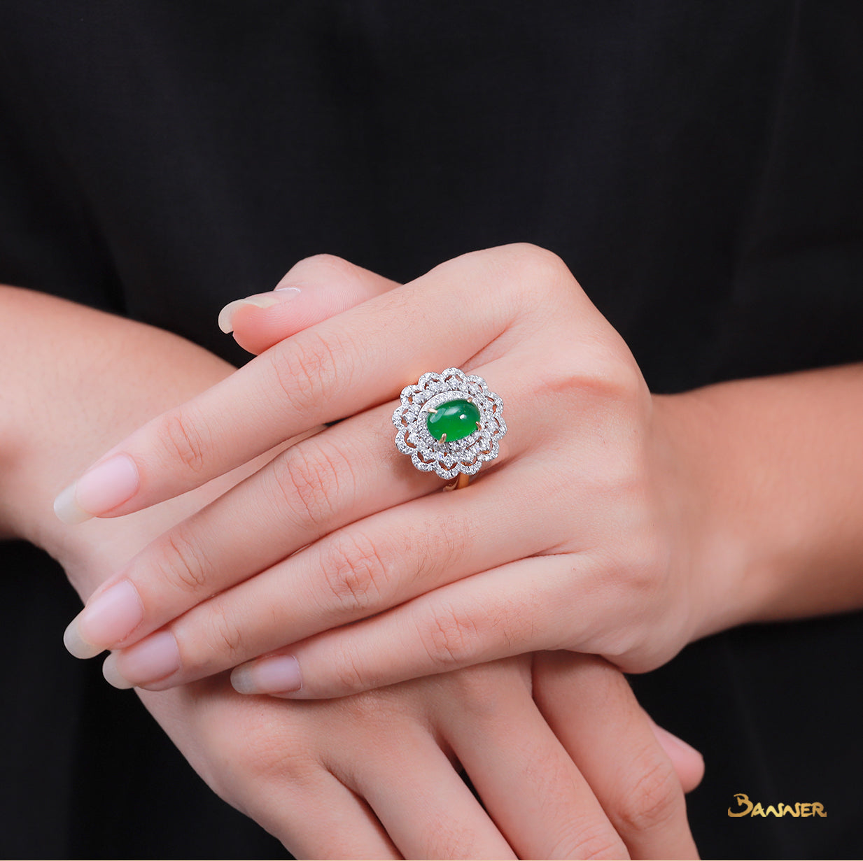 Green Jade and Diamond Floral Ring