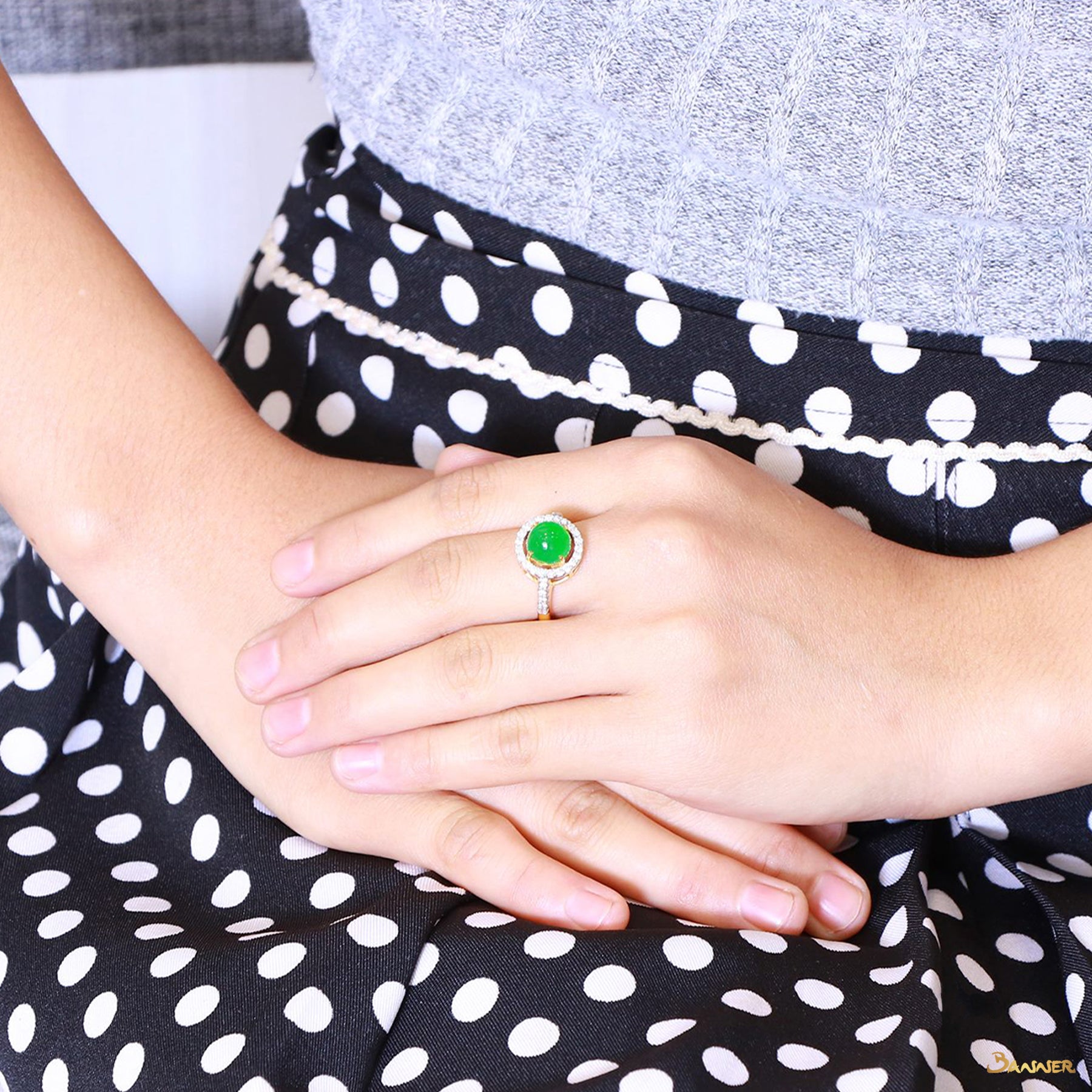 Apple Green Jade and Diamond Halo Ring