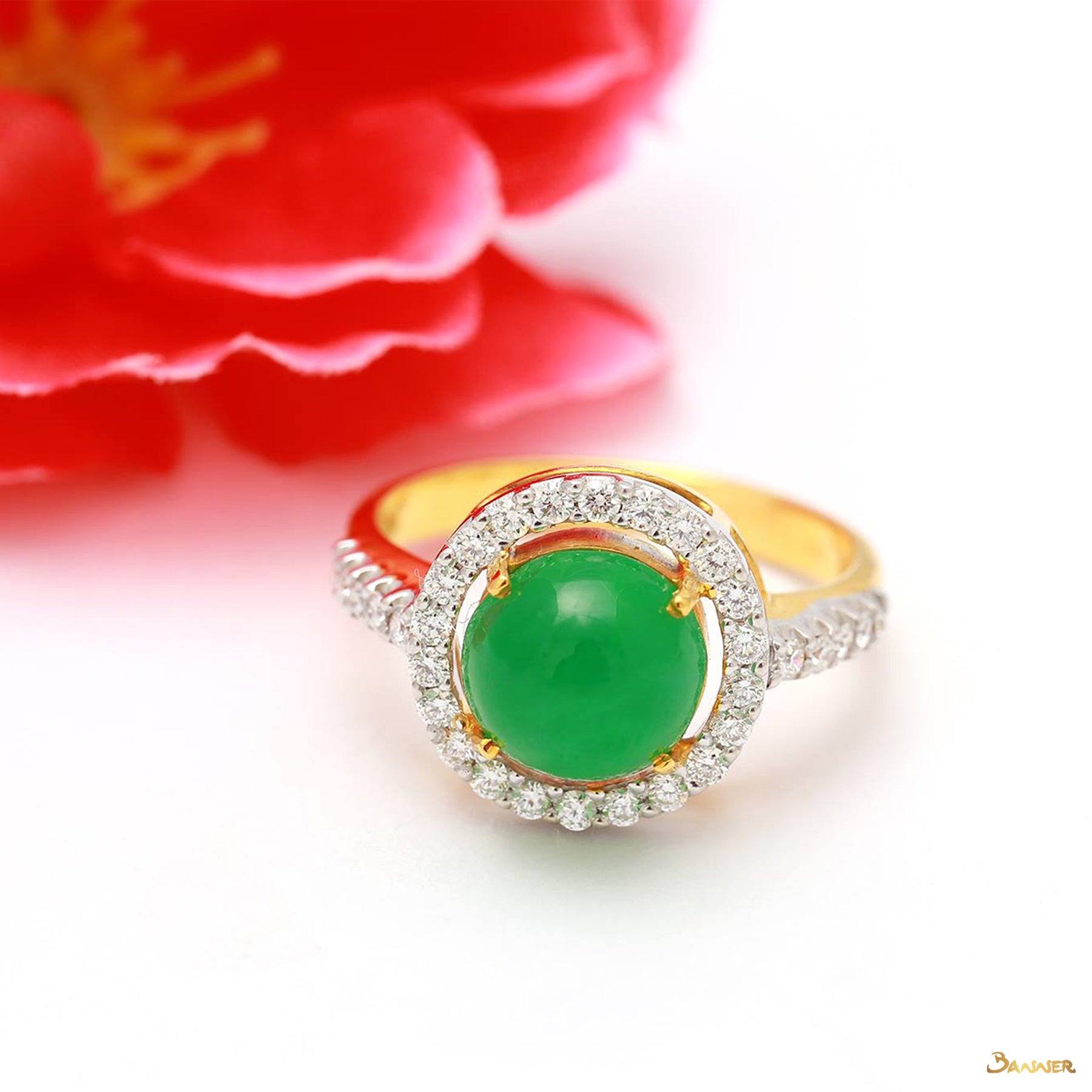 Apple Green Jade and Diamond Halo Ring