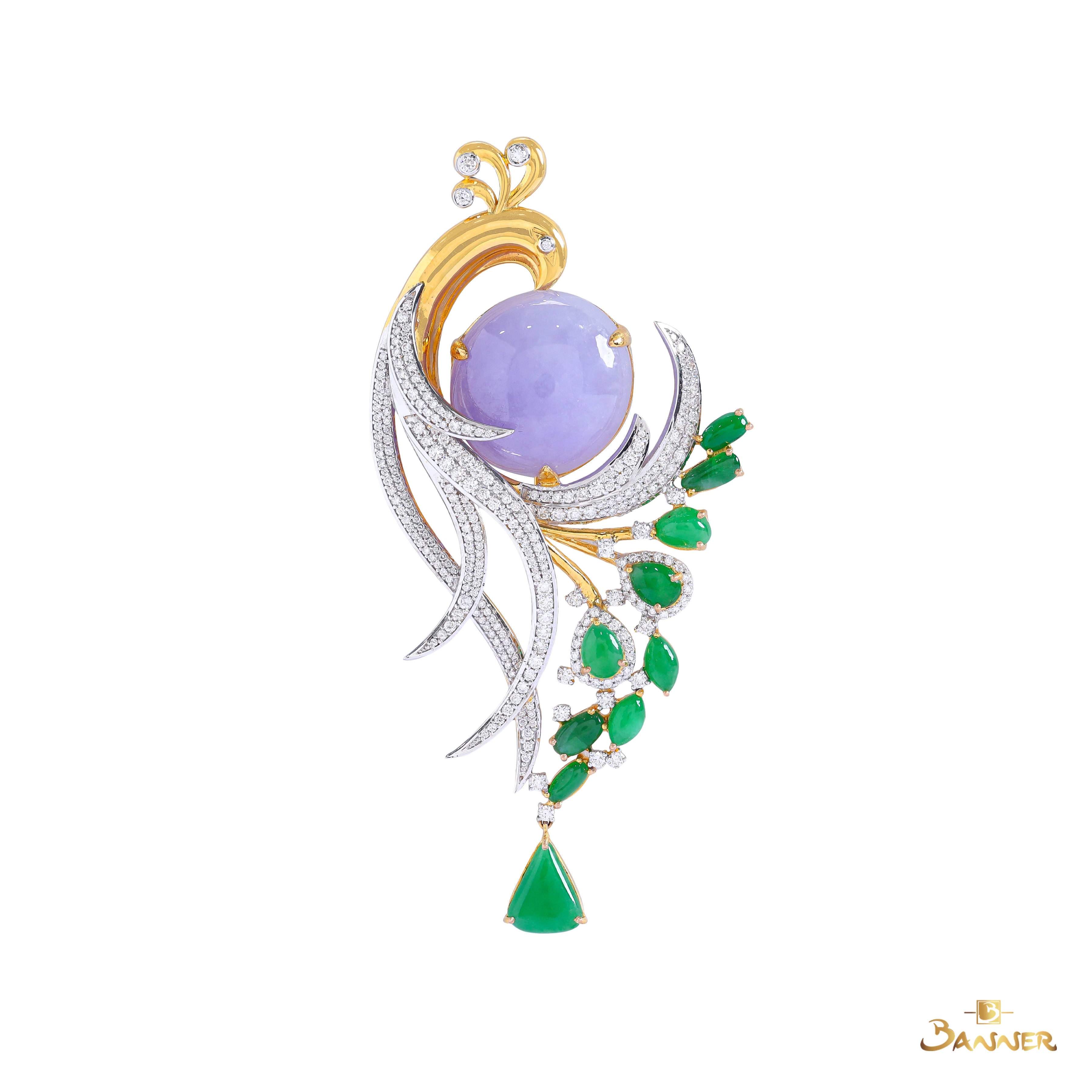 Lavender Jade , Green Jade and Diamond Phoenix Brooch