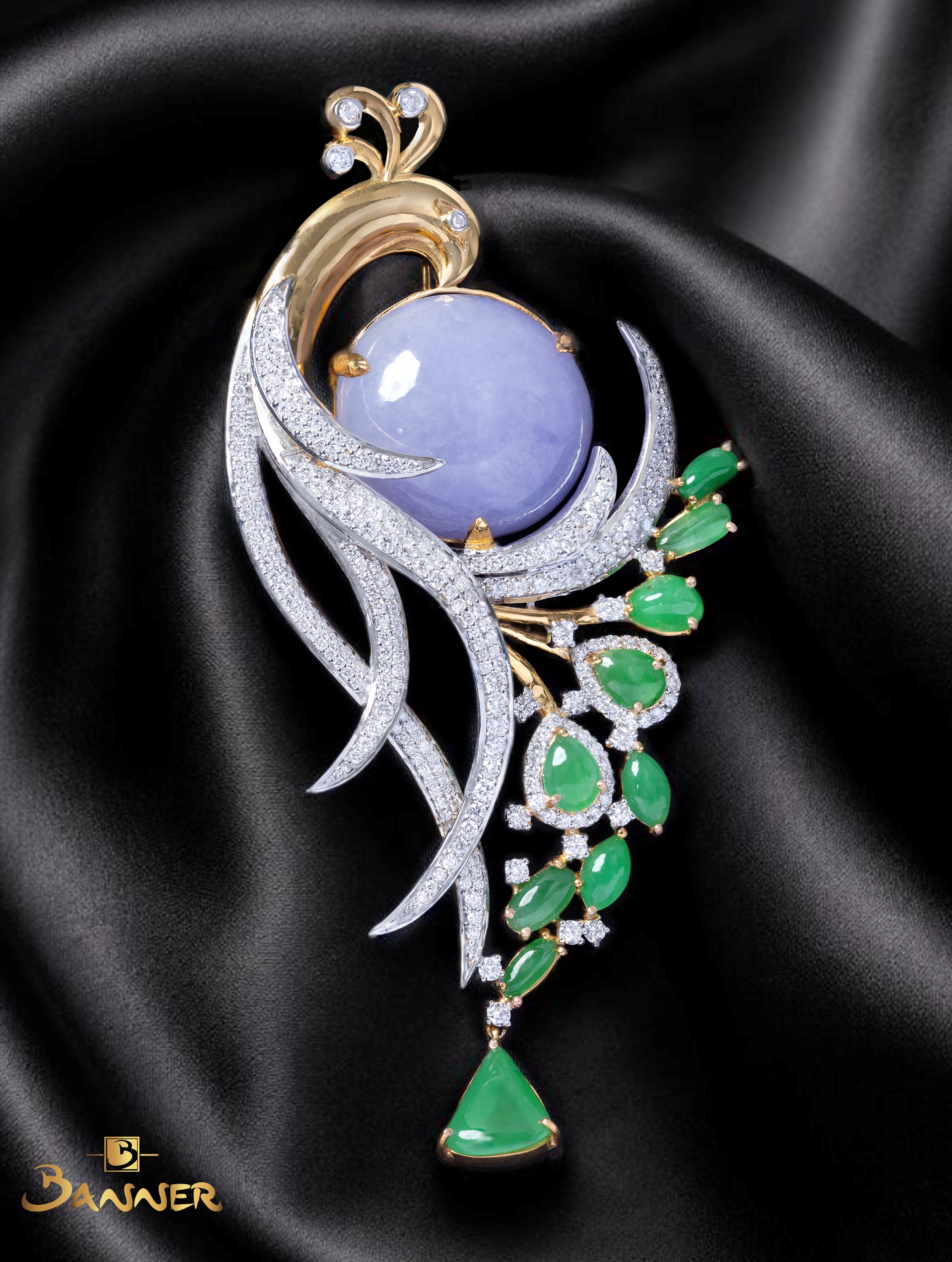 Lavender Jade , Green Jade and Diamond Phoenix Brooch