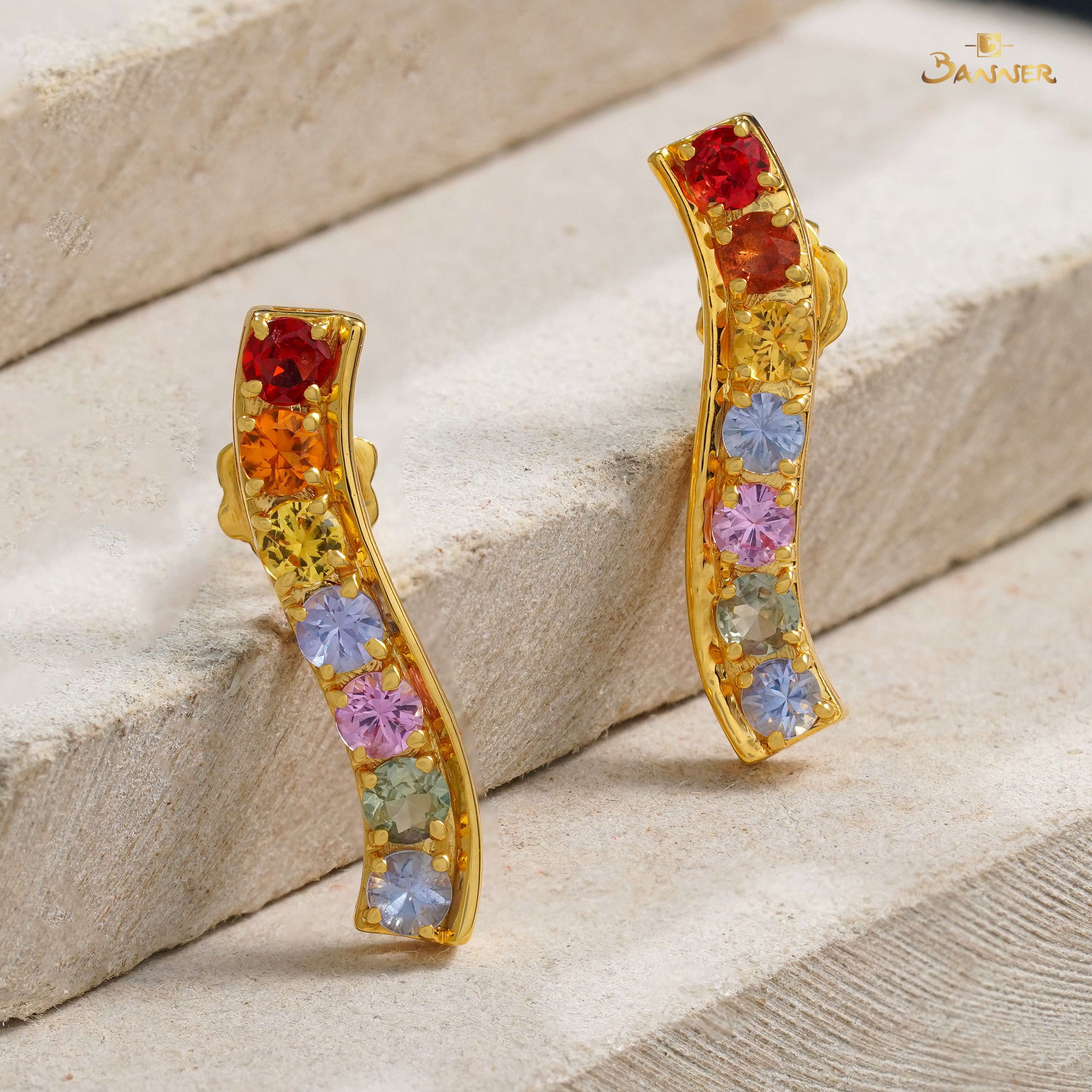 Multi-colored Sapphire Wave Earrings