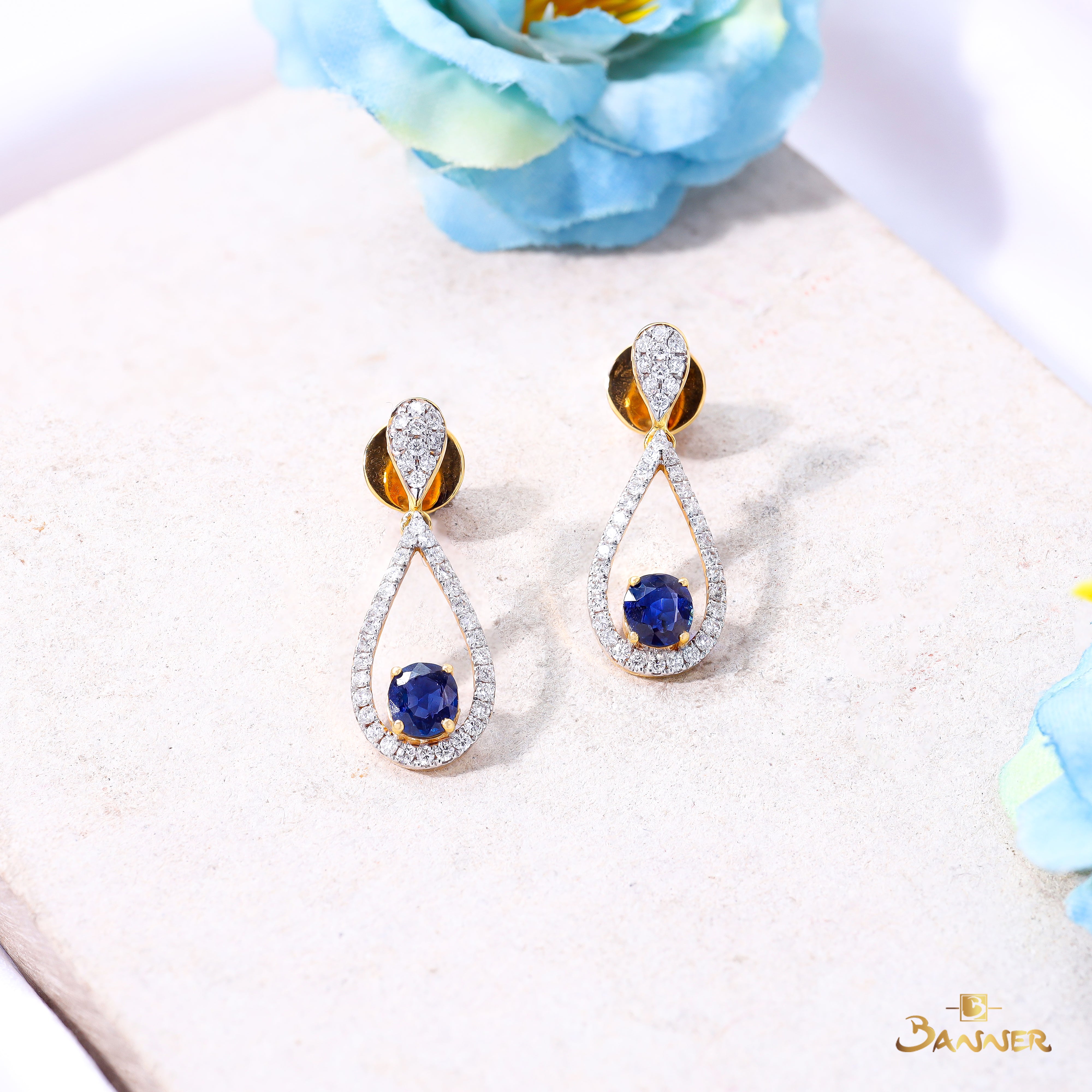 Sapphire and Diamond Rain-drop Dangle Earrings