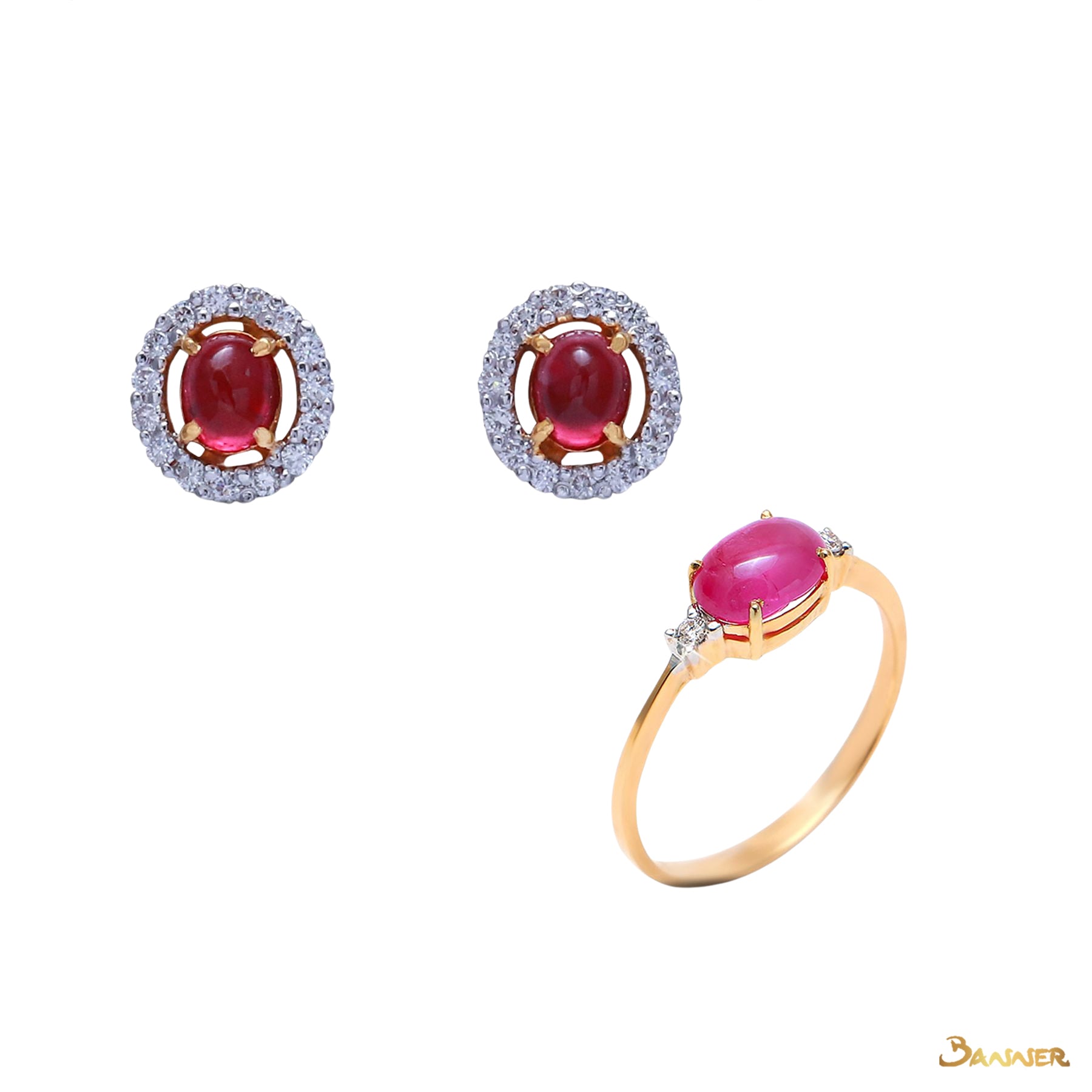 Ruby Cabochon Earrings and Ring Set