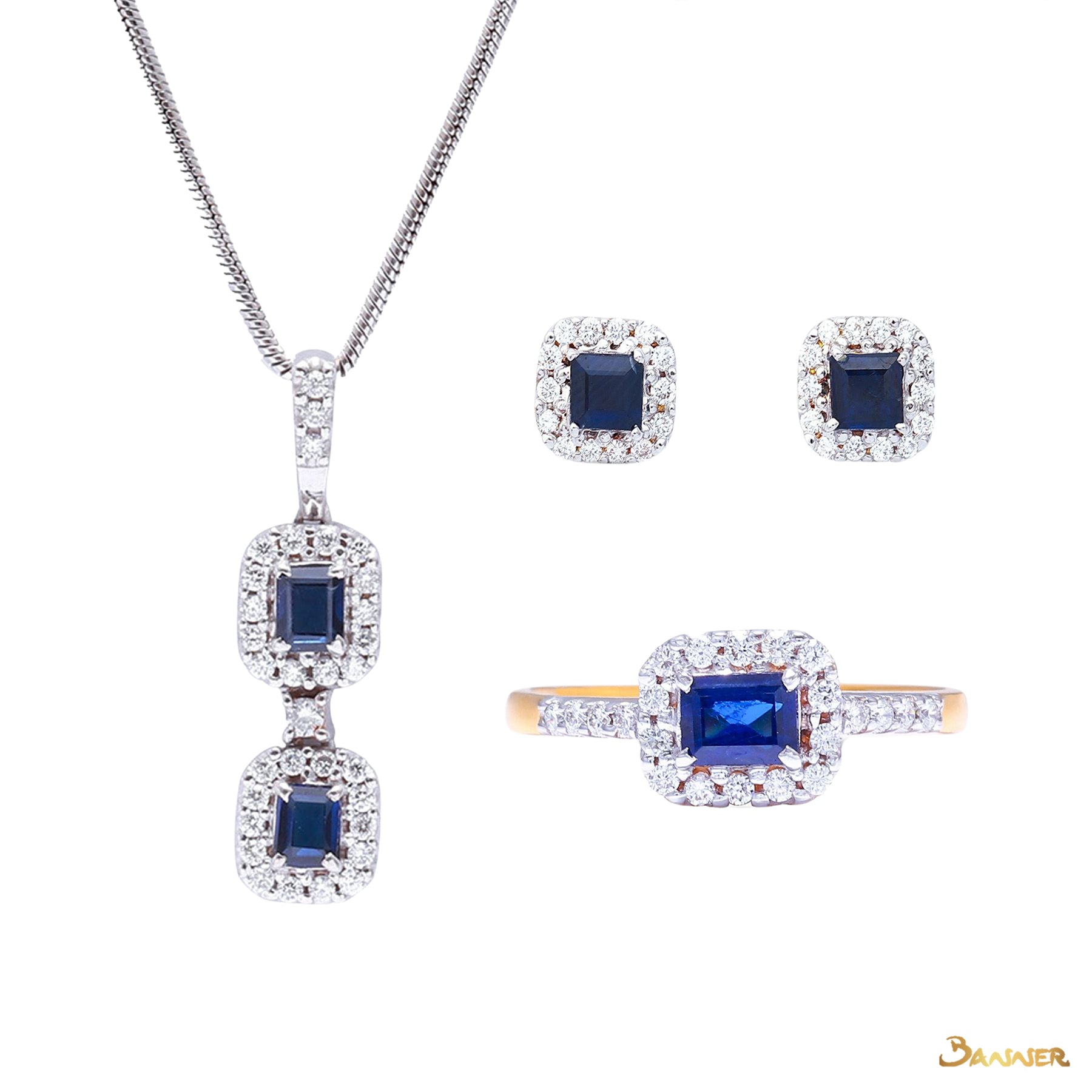 Emerald-cut Sapphire and Diamond Halo Set