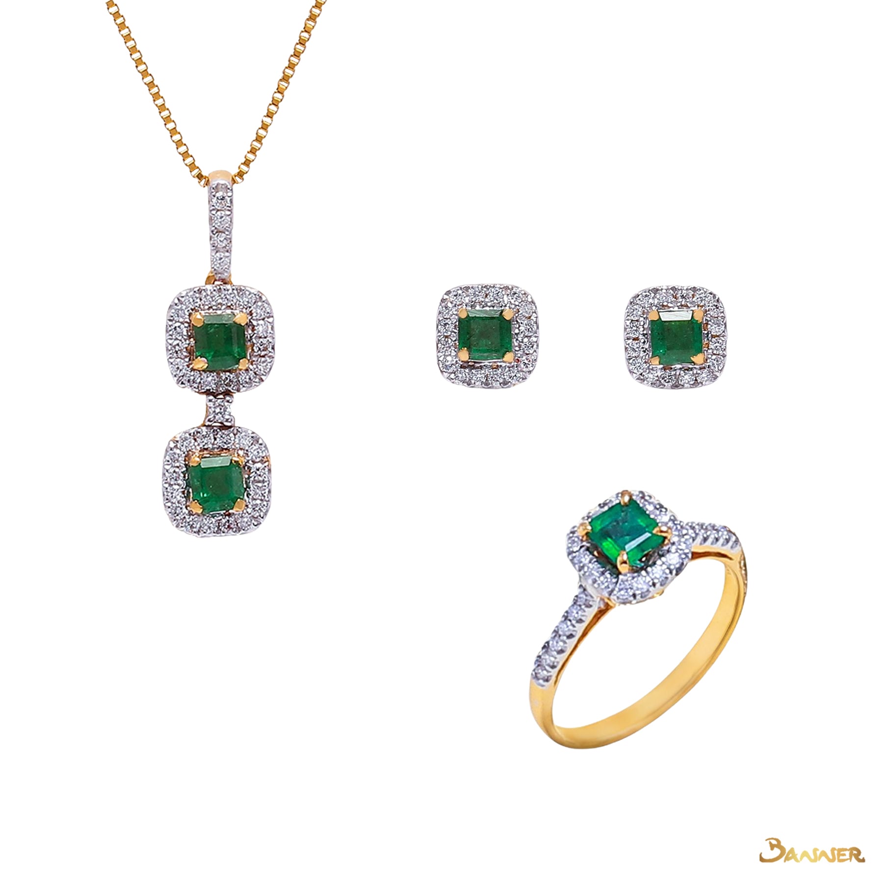 Emerald and Diamond Halo Set