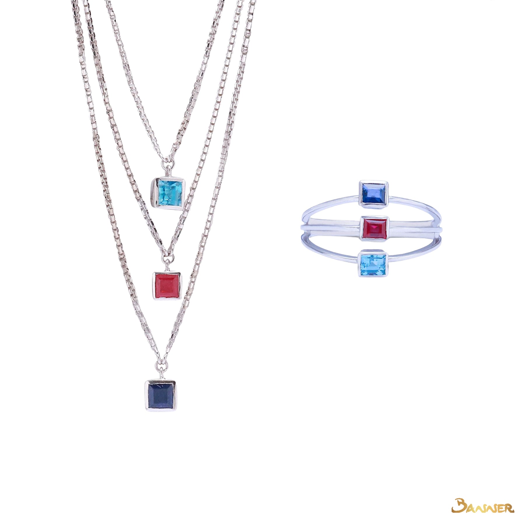 Emerald-cut Blue Topaz, Sapphire and Ruby Set