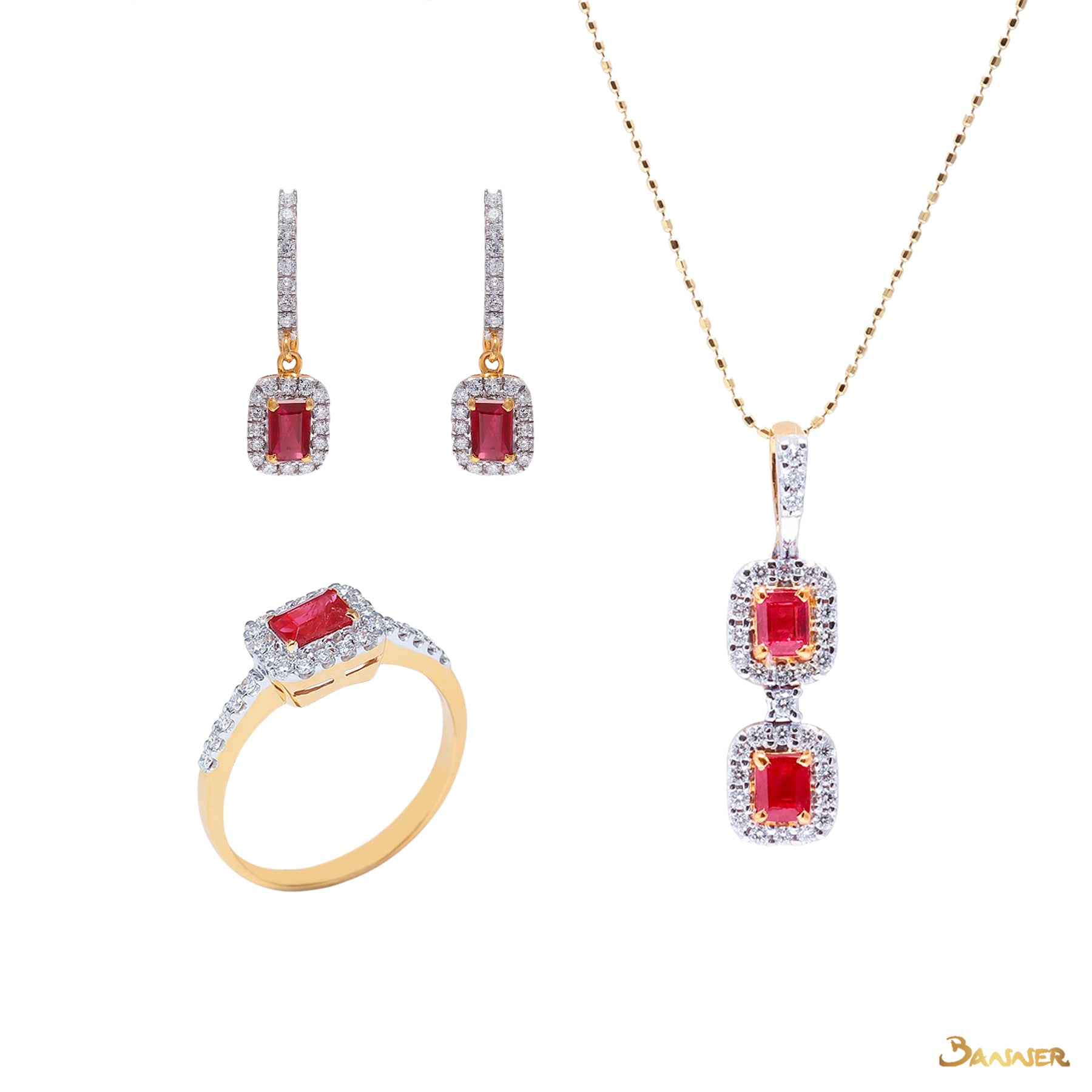 Emerald-cut Rubies and Diamond Halo Set