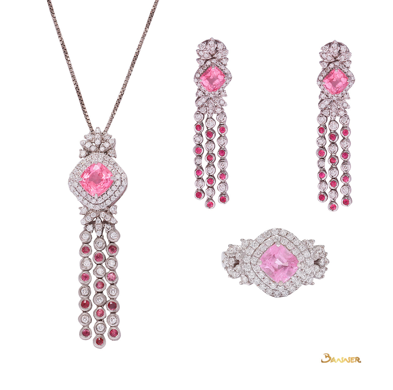 Pink Tourmaline , Pink Sapphire and Diamond Double Halo Dangling Set