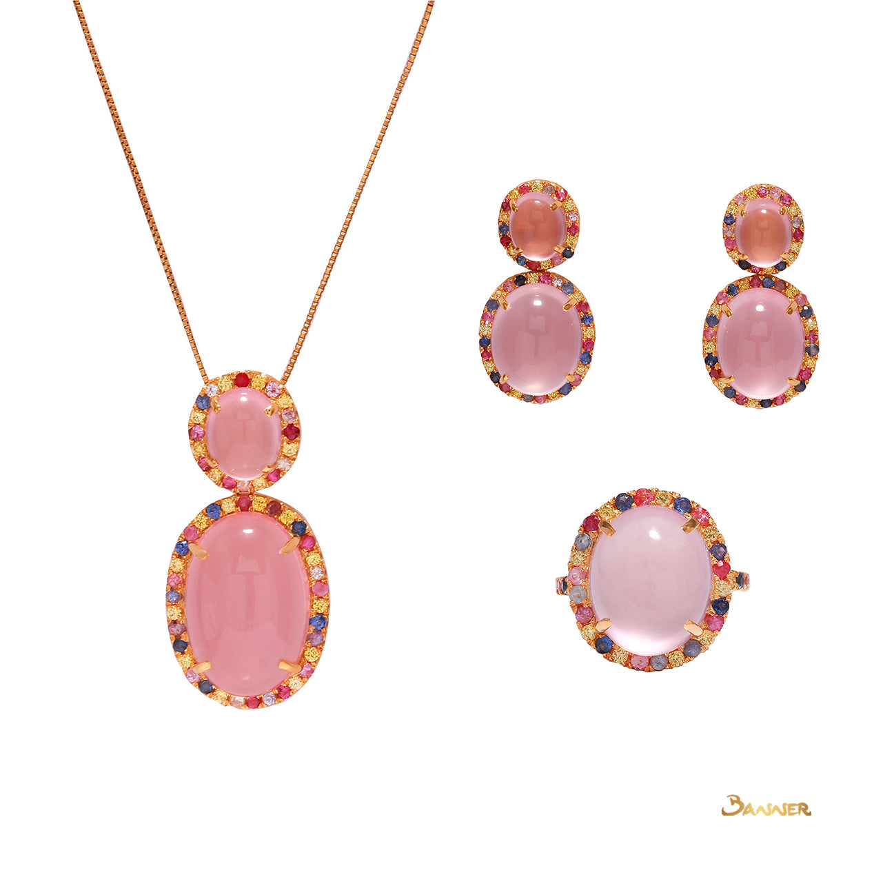 Rose Quartz and Multi-Colored Sapphire Halo Set