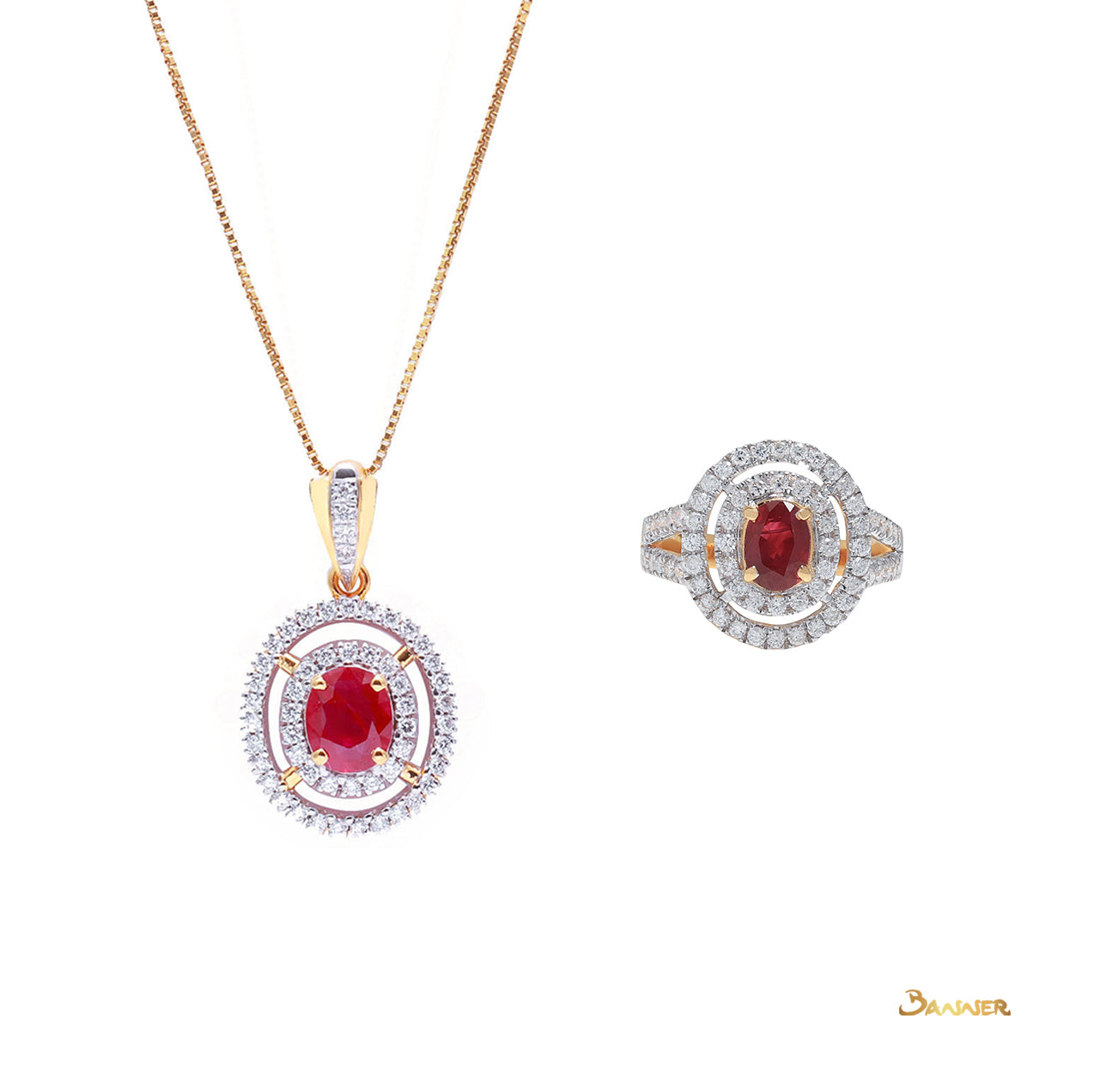 Ruby and Diamond Double Halo Set