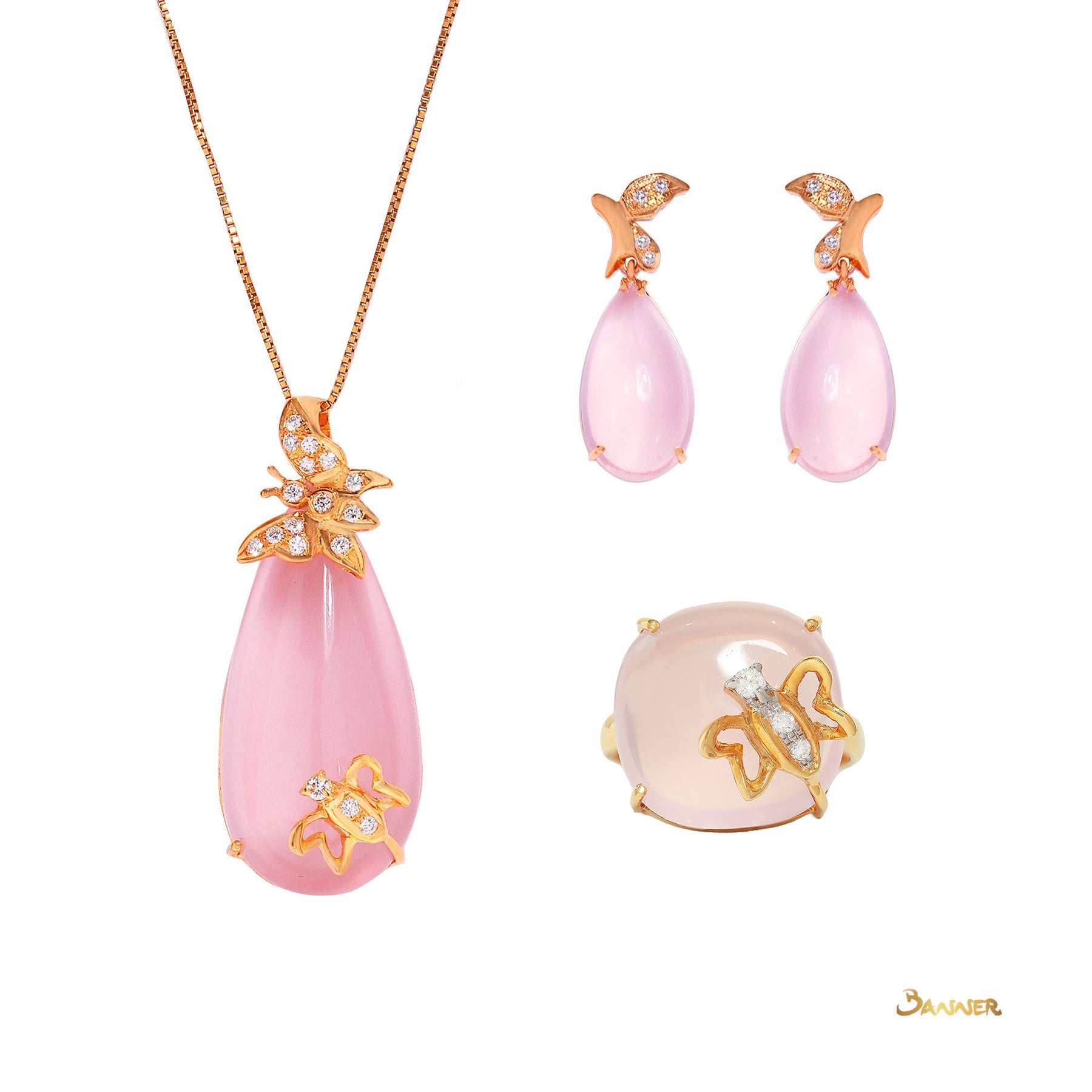 Rose Quartz and Diamond Butterfly Set