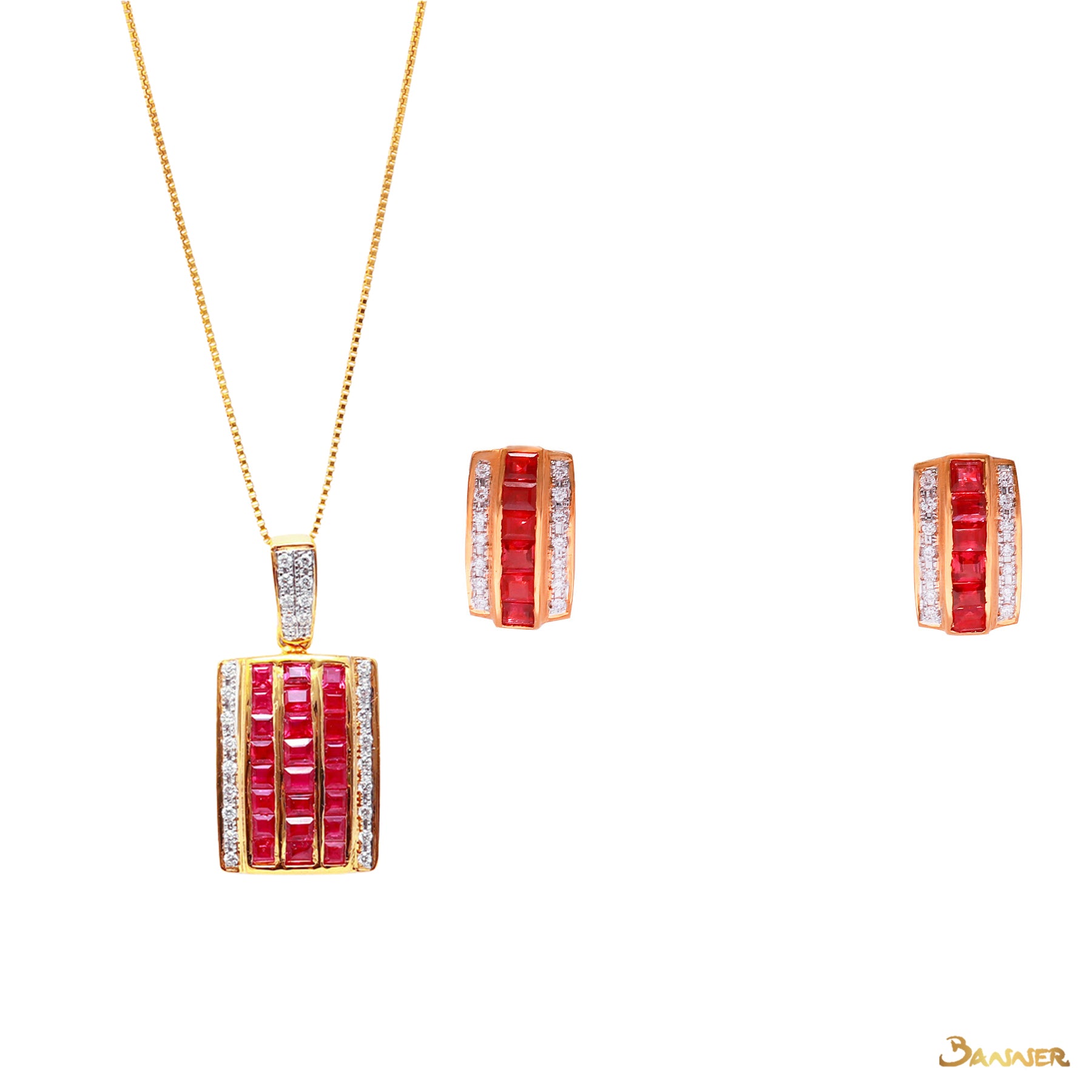 Emerald-cut Ruby and Diamond Set