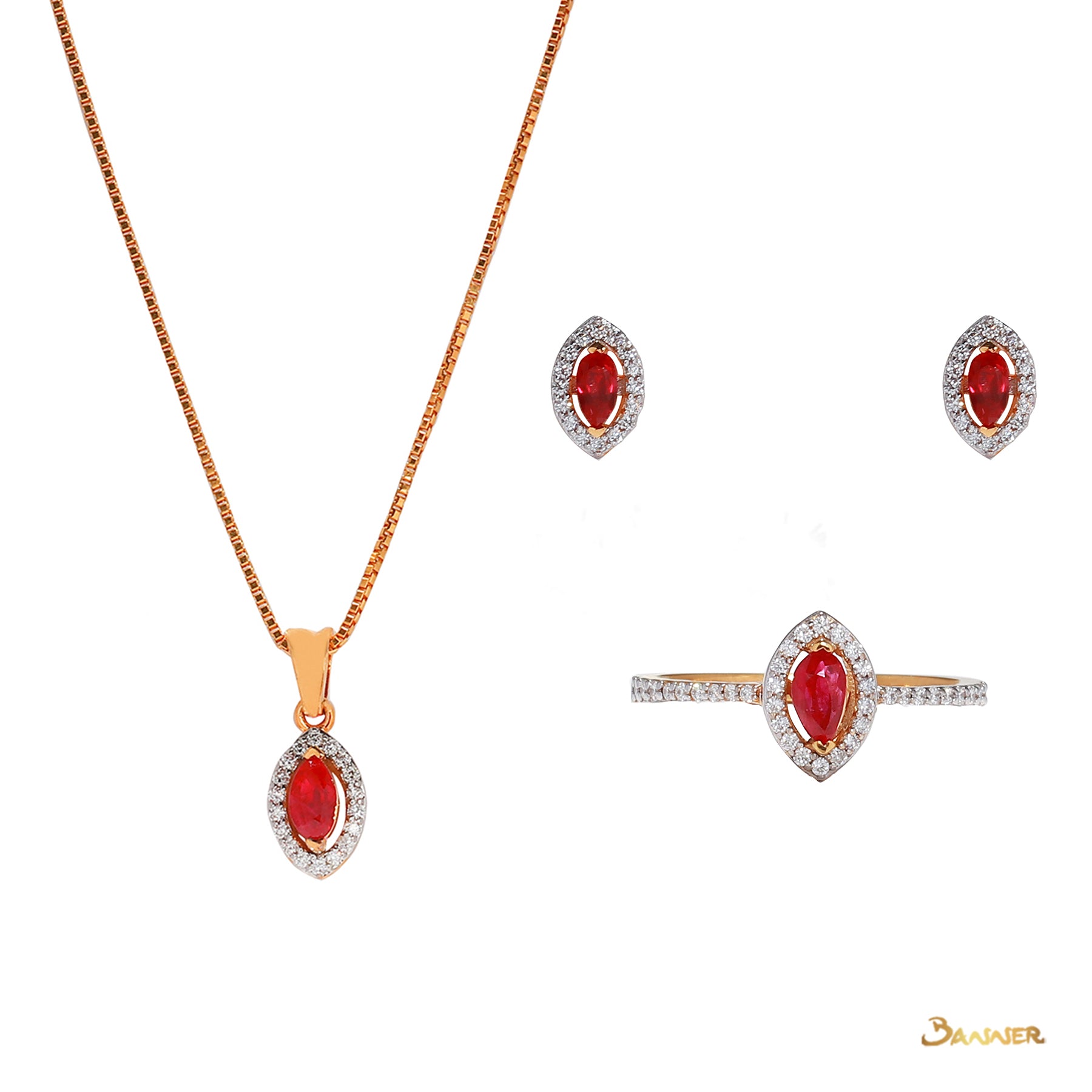 Marquise Ruby and Diamond Halo Set