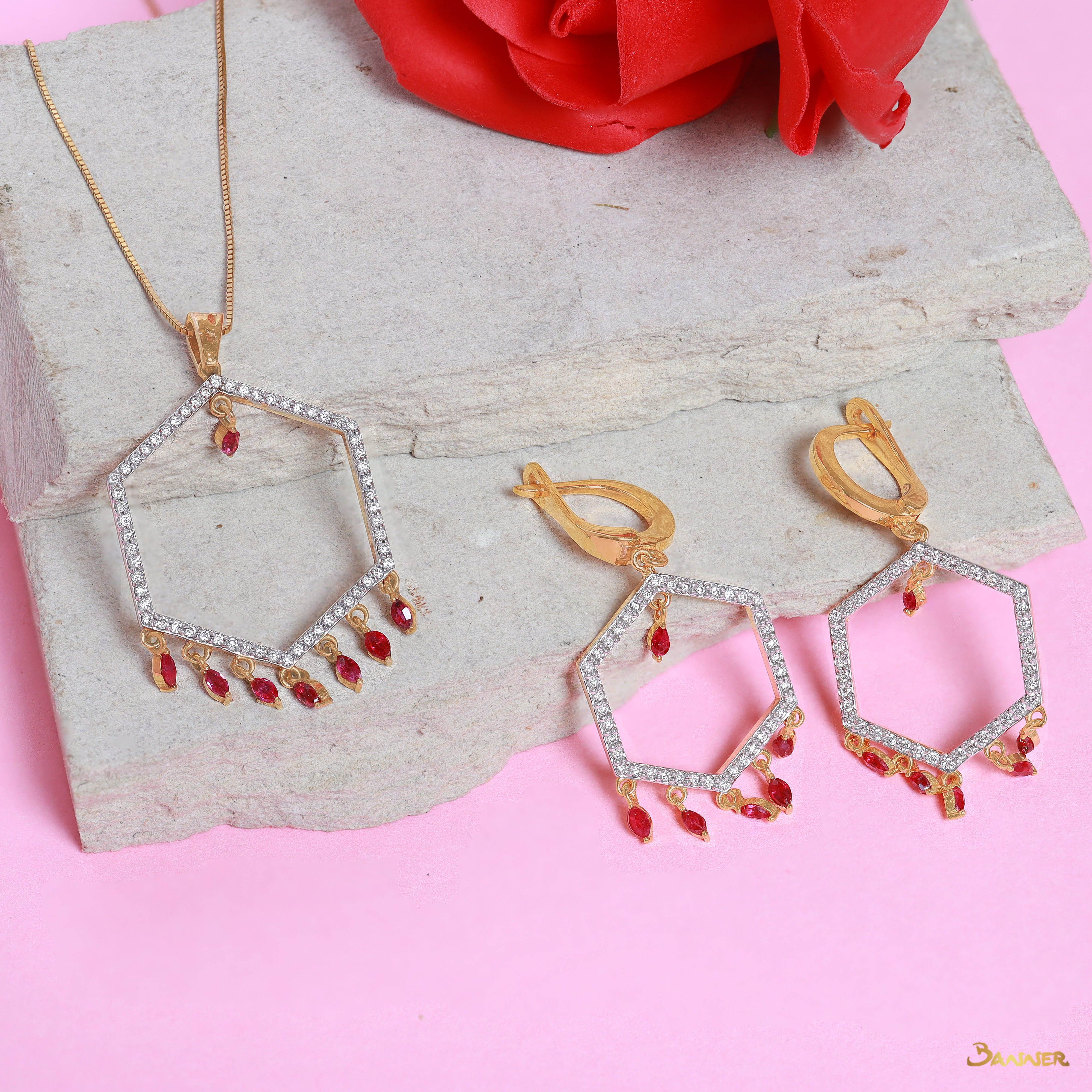 Marquise Ruby and Diamond Dangle Set