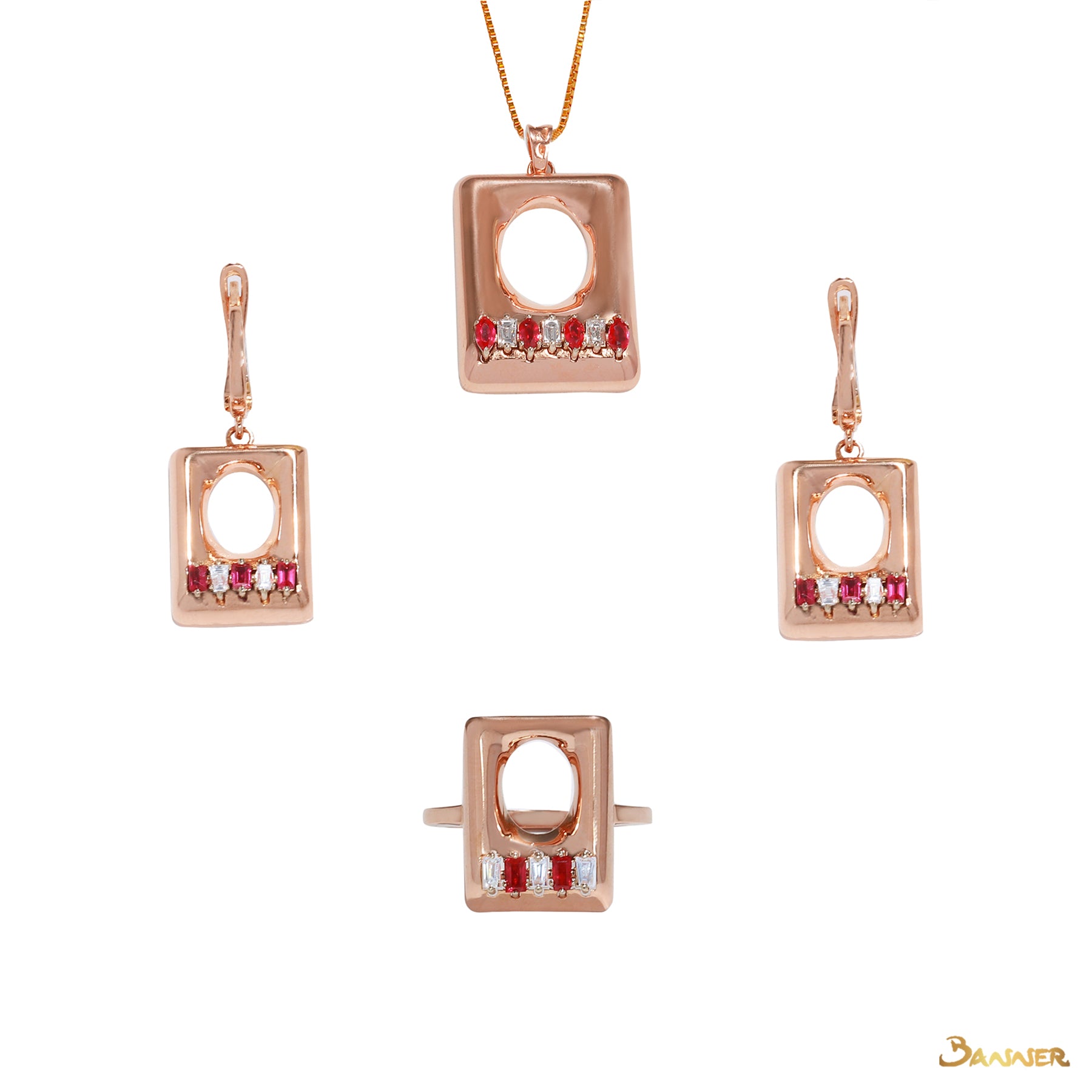 Emerald-cut Ruby and Baguette Diamond Square Shape Set