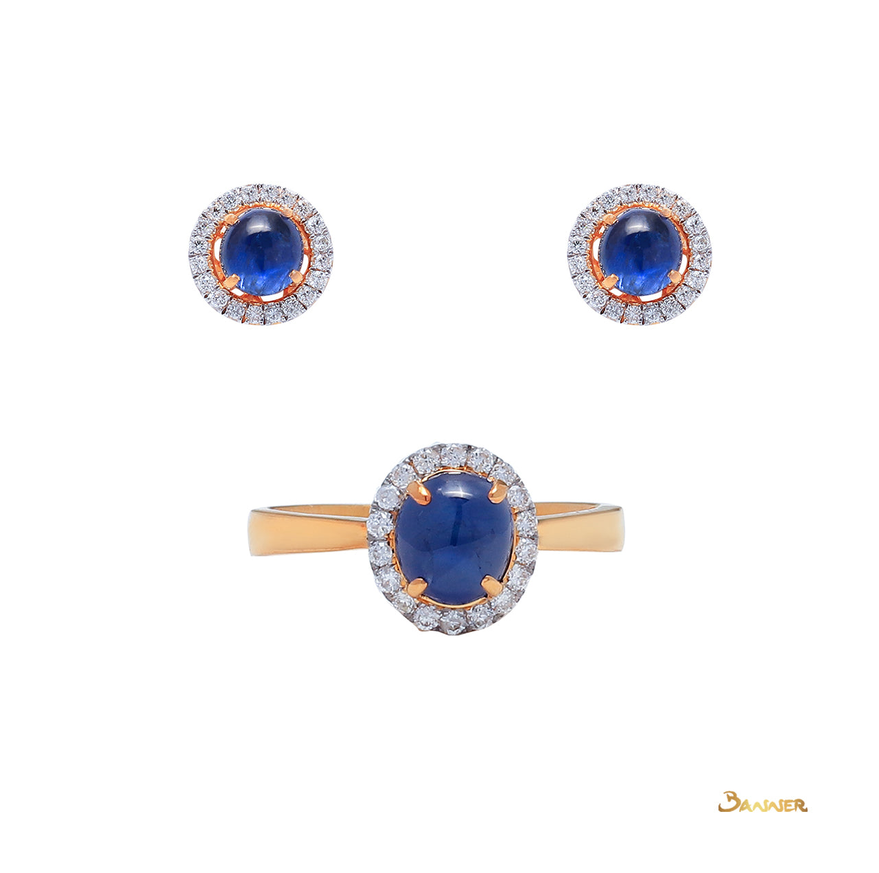 Sapphire Cabochon and Diamond Halo Set