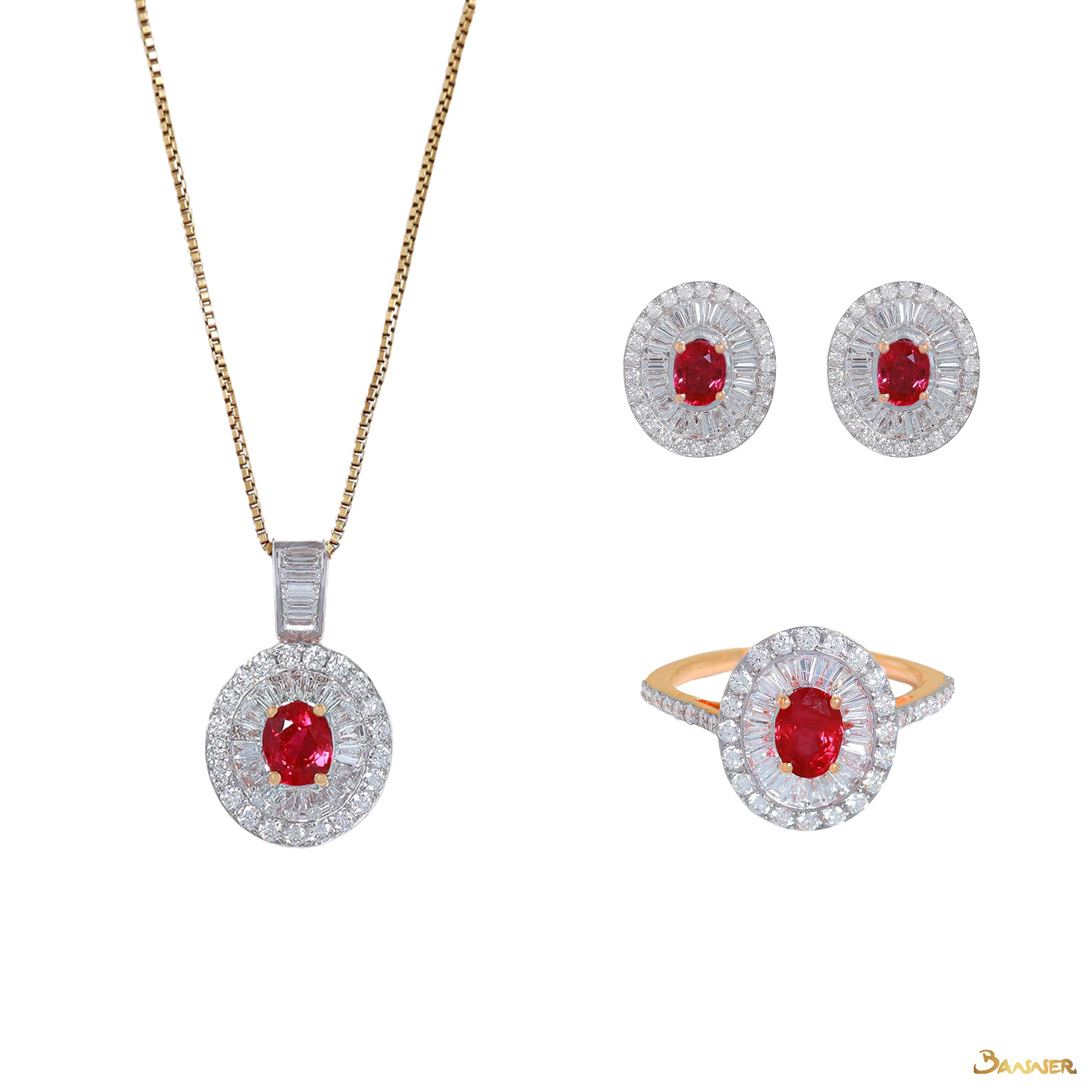 Ruby and  Baguette Diamond Double Halo Set