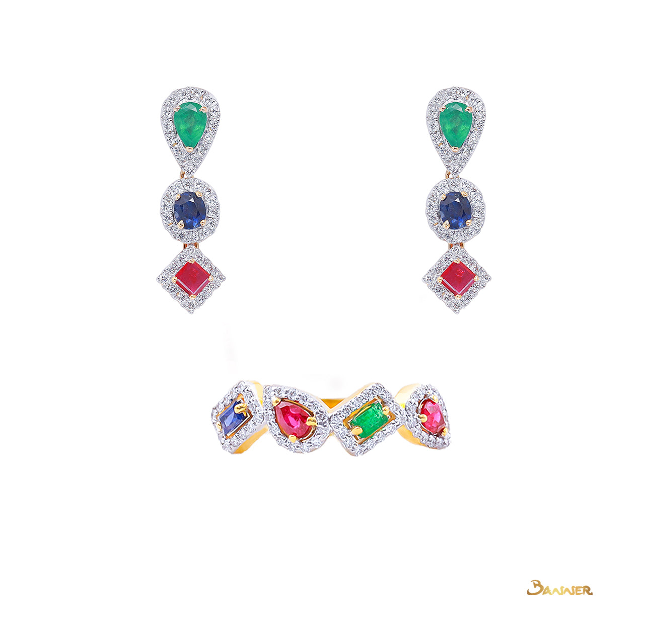 Ruby, Sapphire ,Emerald and Diamond Halo Set