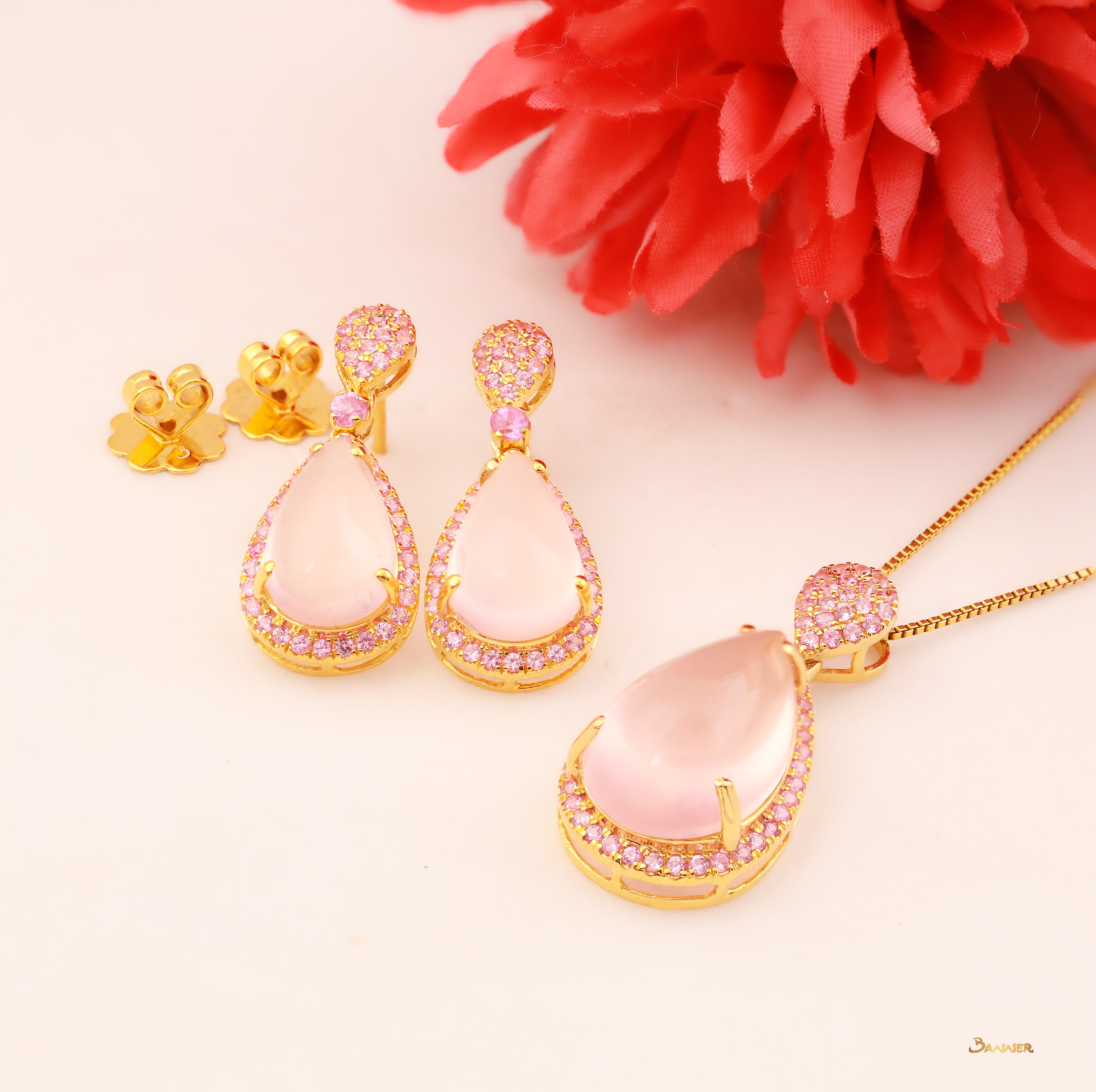 Drop-shaped Rose Quartz and Pink Sapphire Set