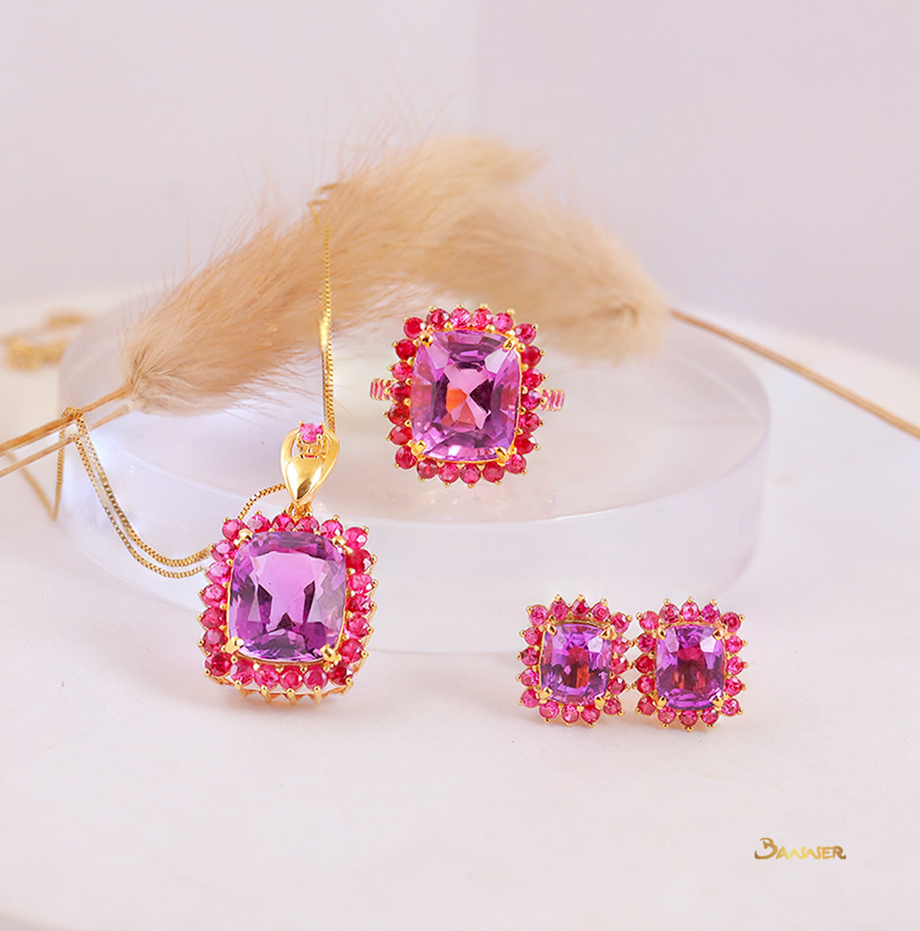 Cushion-cut Amethyst and Ruby Halo Earrings