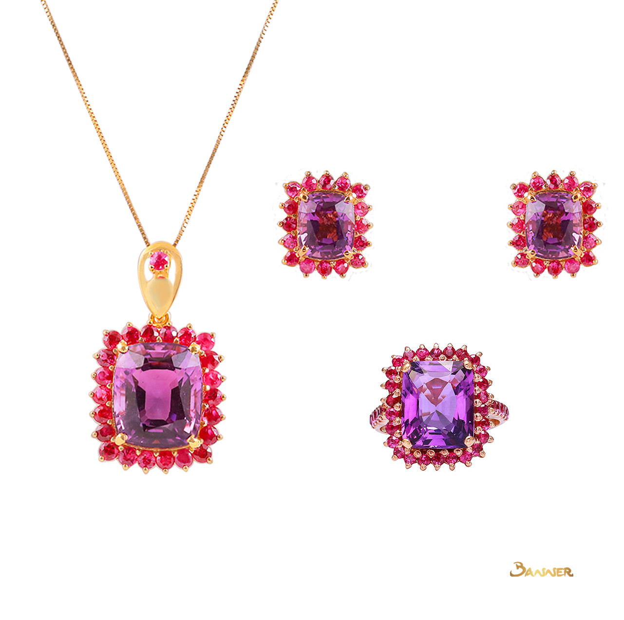 Cushion-cut Amethyst and Ruby Halo Set