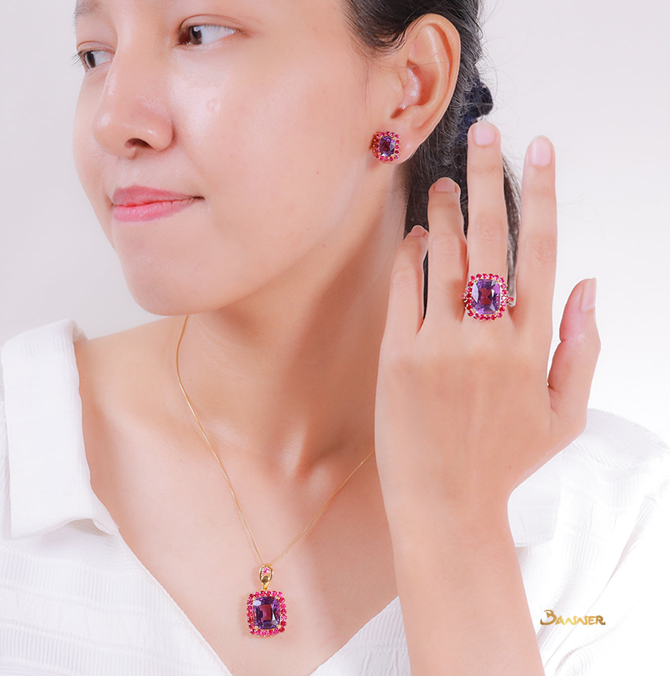 Cushion-cut Amethyst and Ruby Halo Set