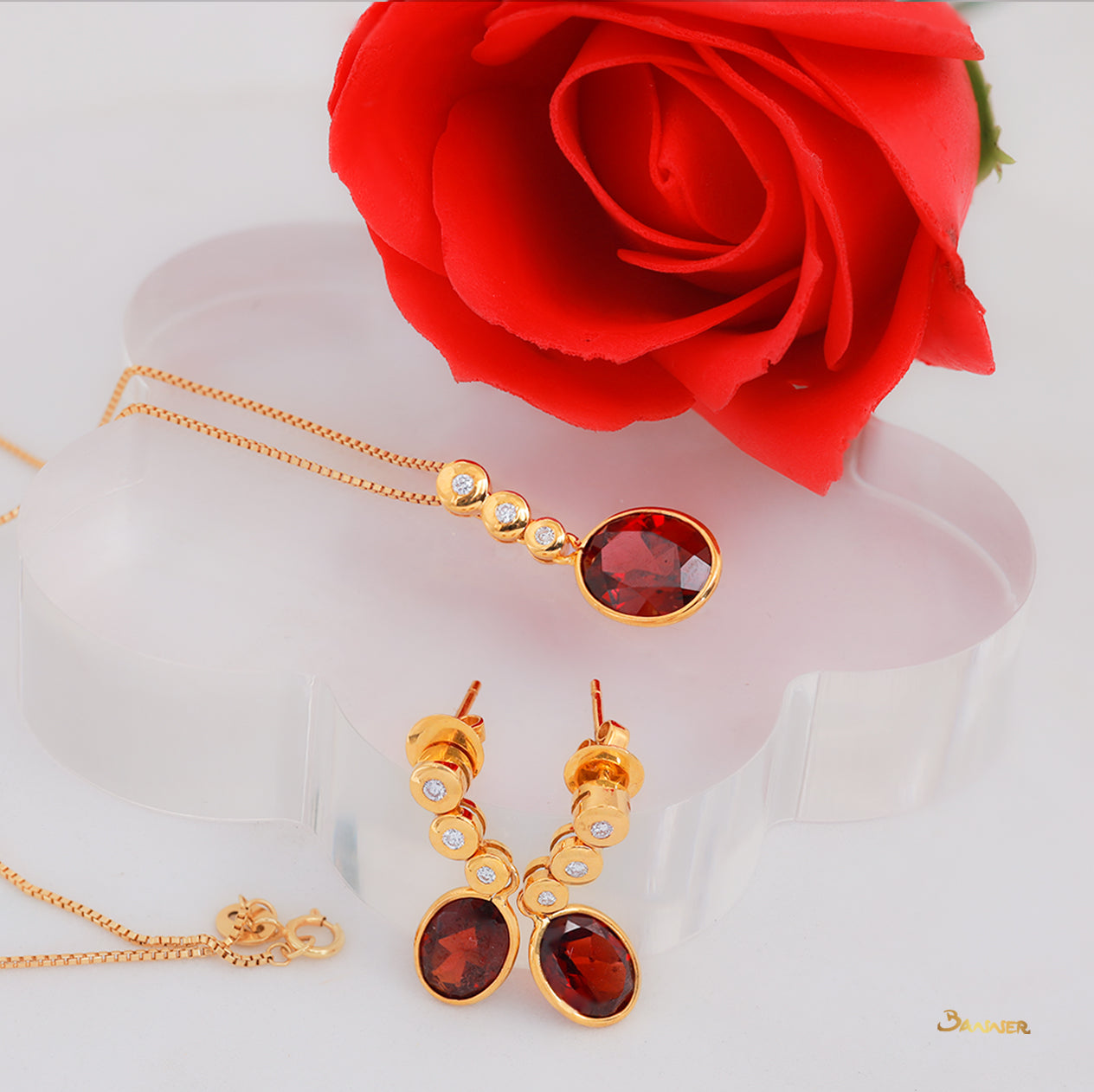 Garnet and Diamond Dangle Set