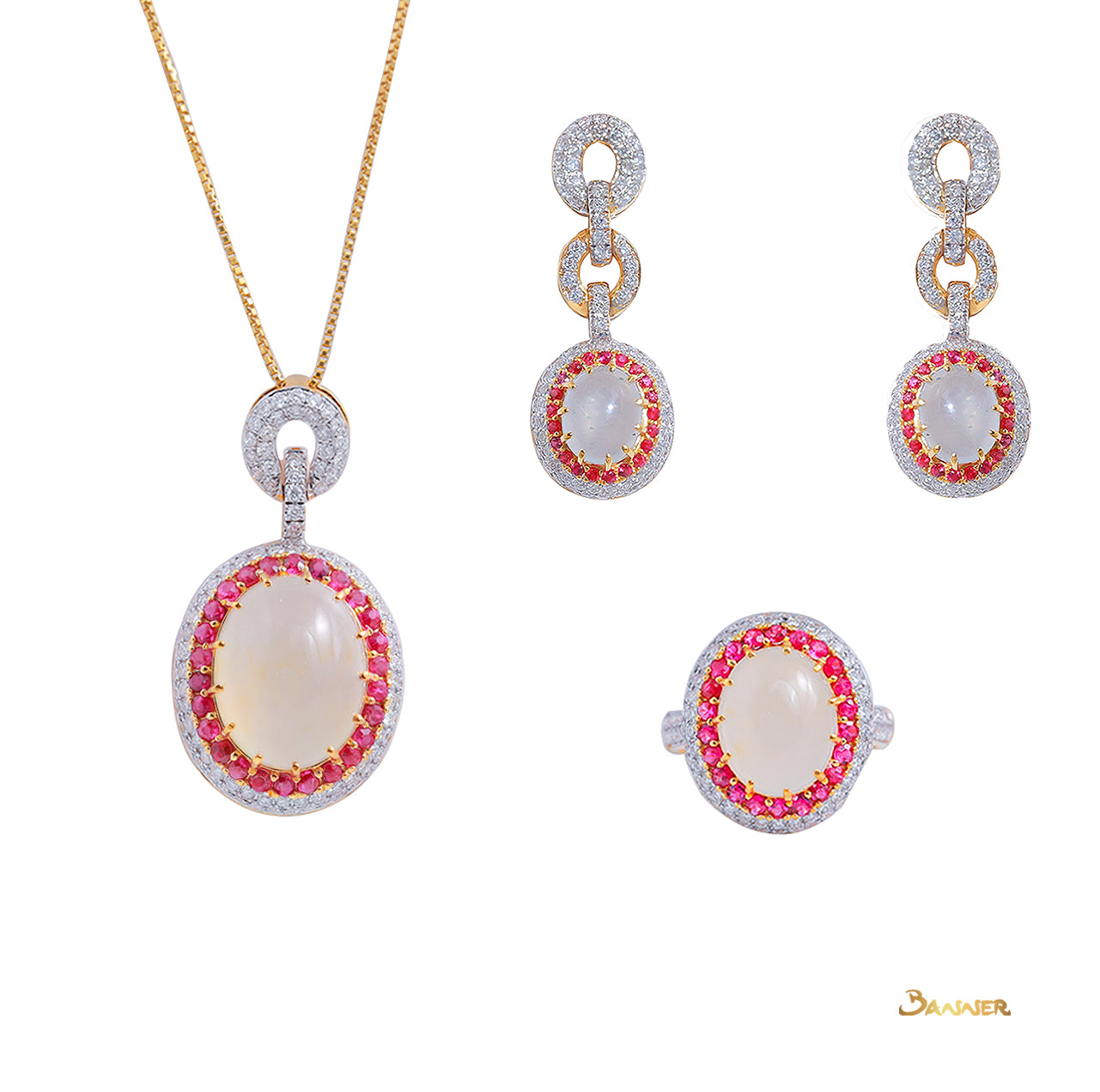 White Jade , Ruby and Diamond  Halo Set