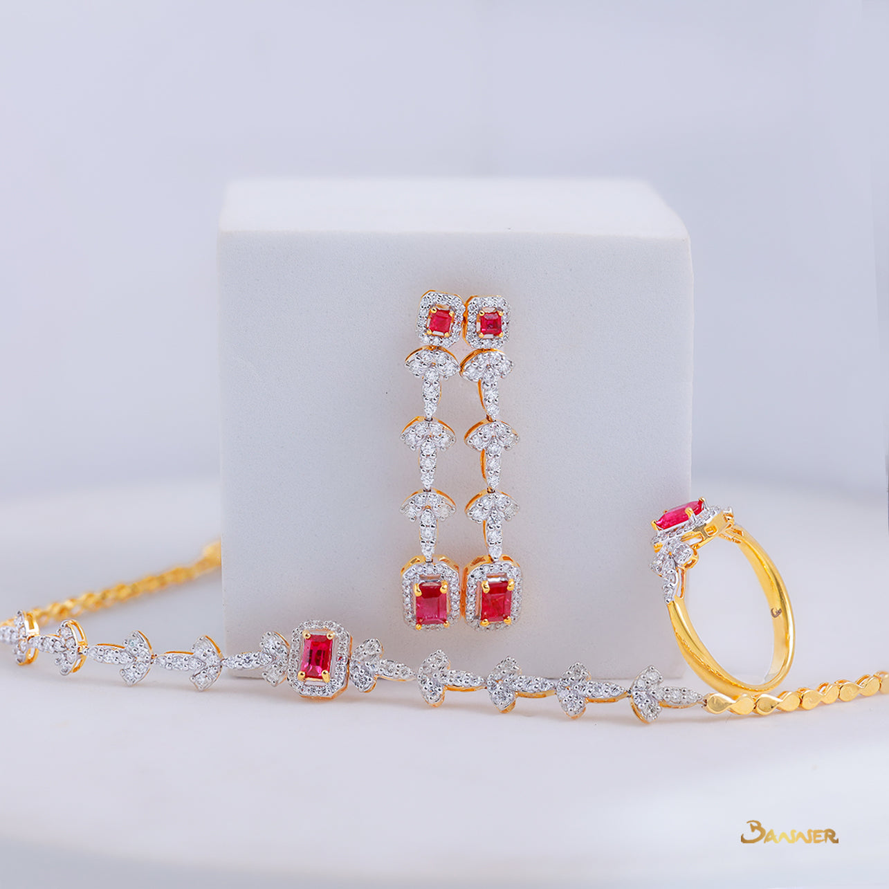 Ruby and Diamond Halo Set