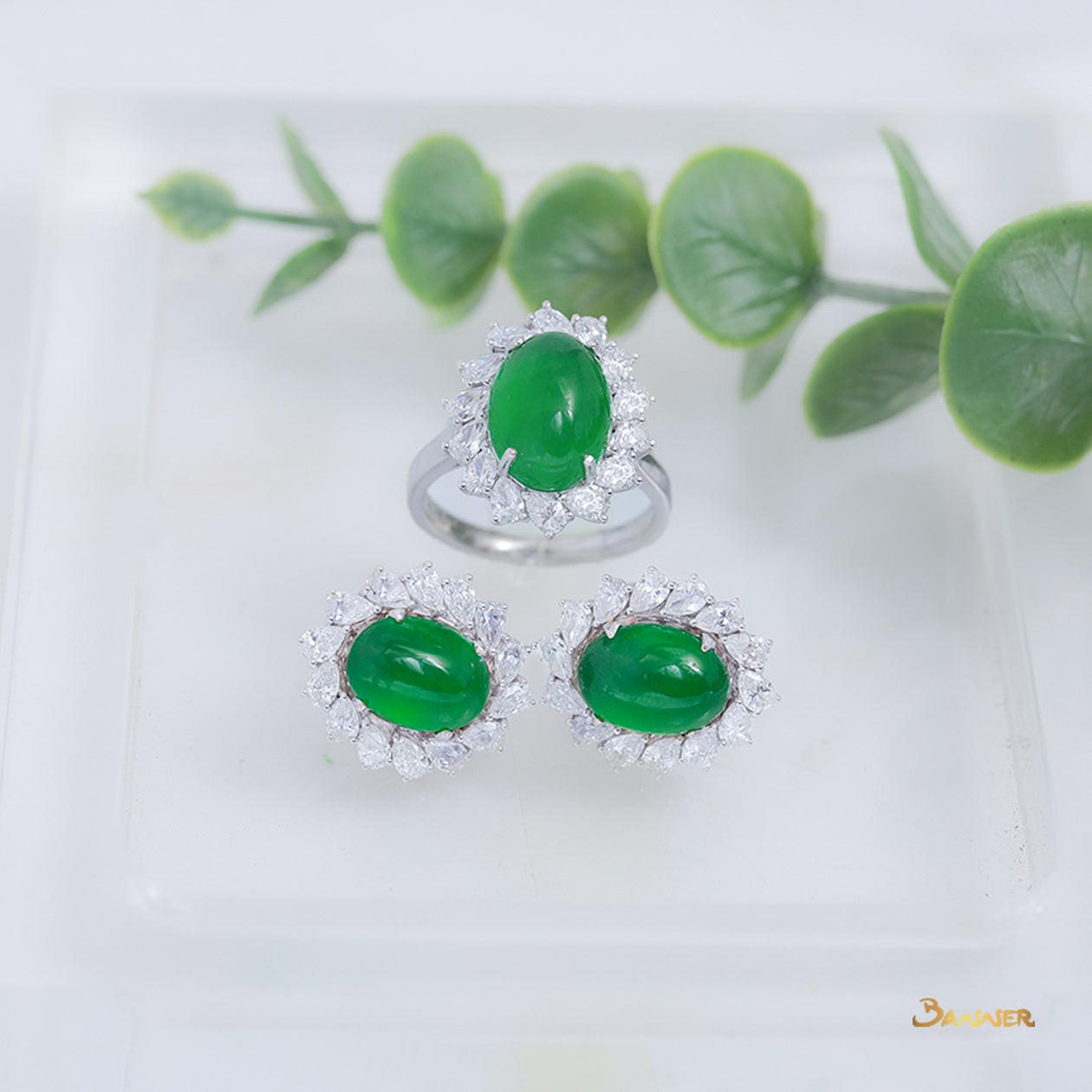 Green Jade and Diamond Floral Ring