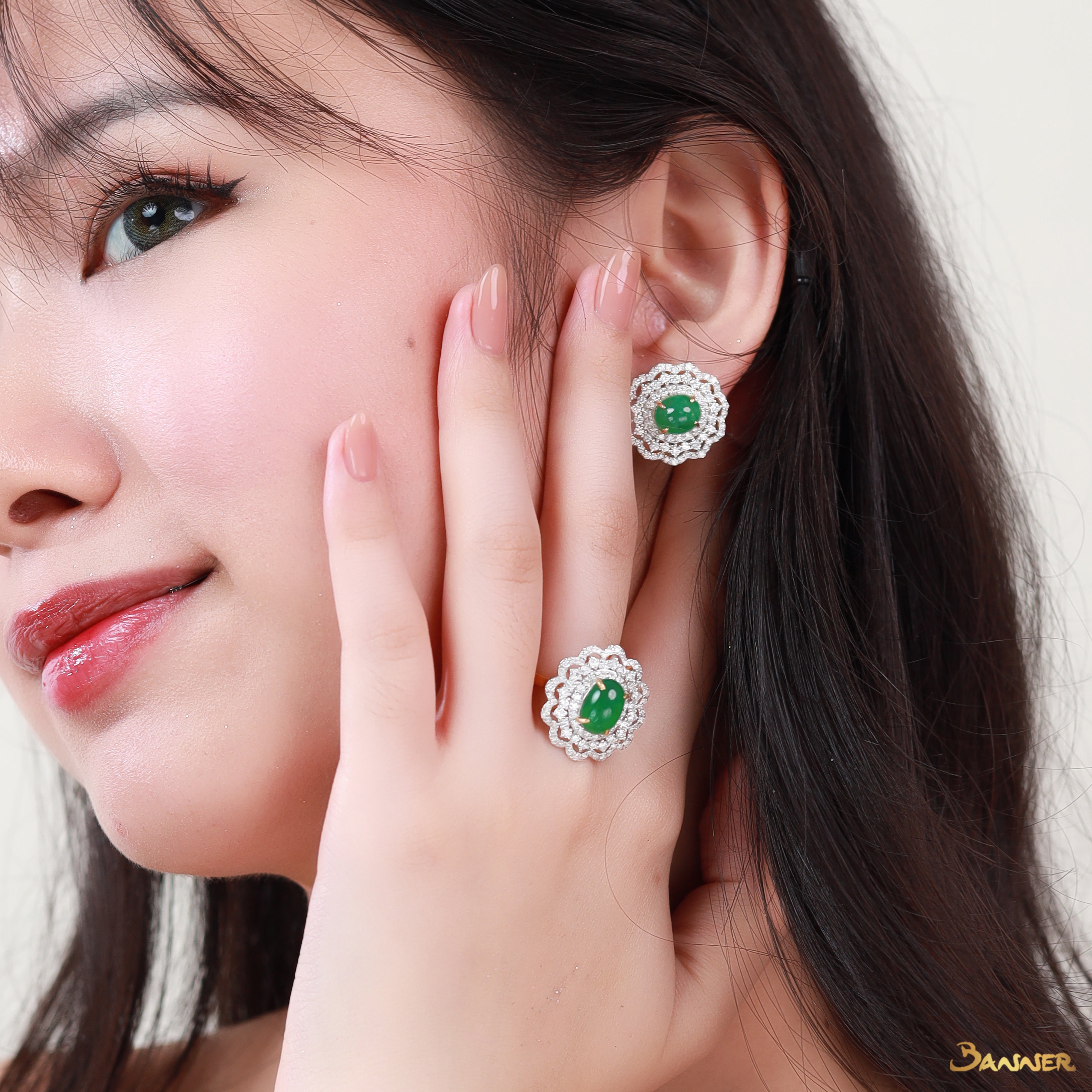 Green Jade and Diamond Floral Earrings