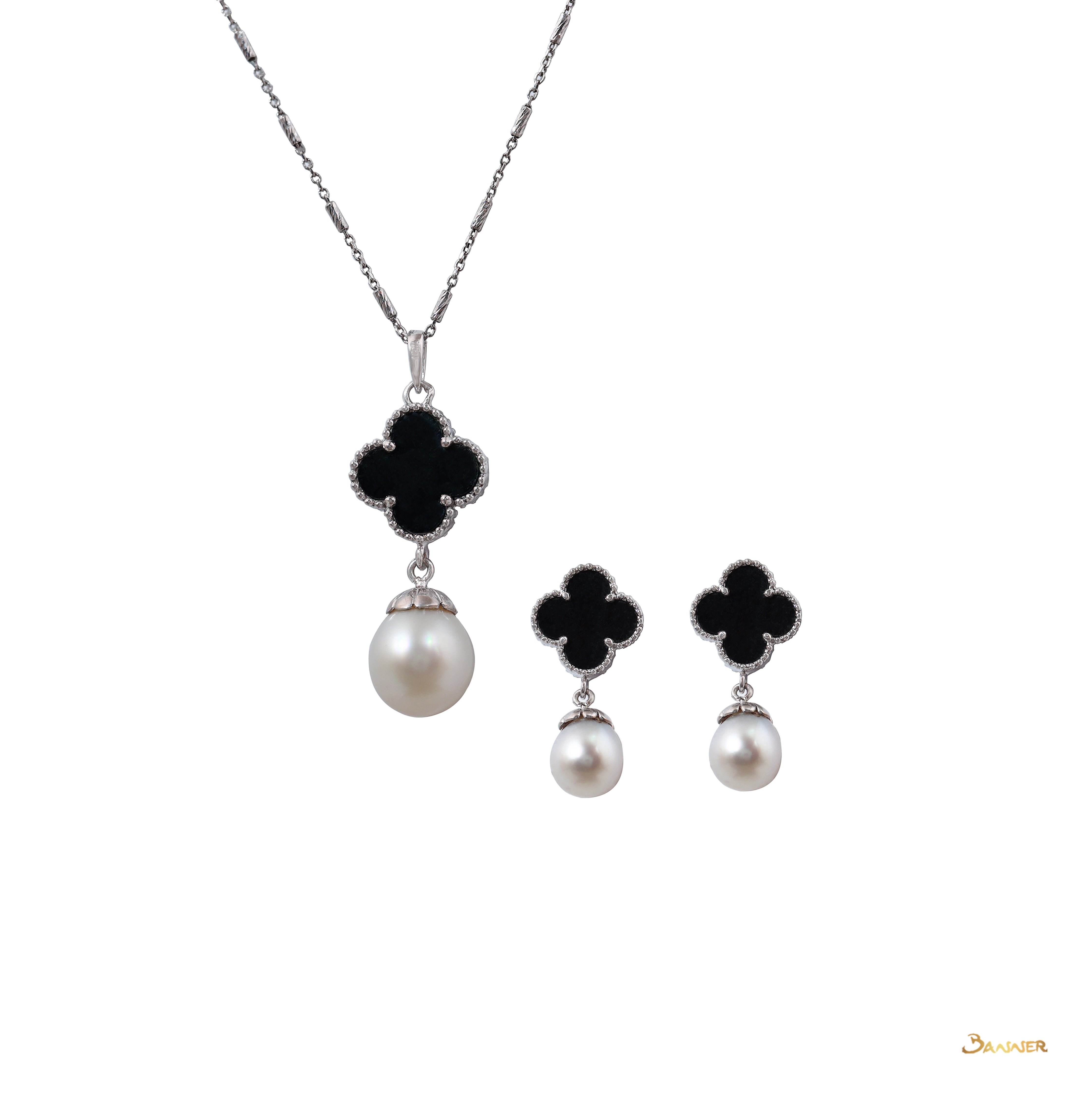 Black Jade and Pearl Clover Dangle Set