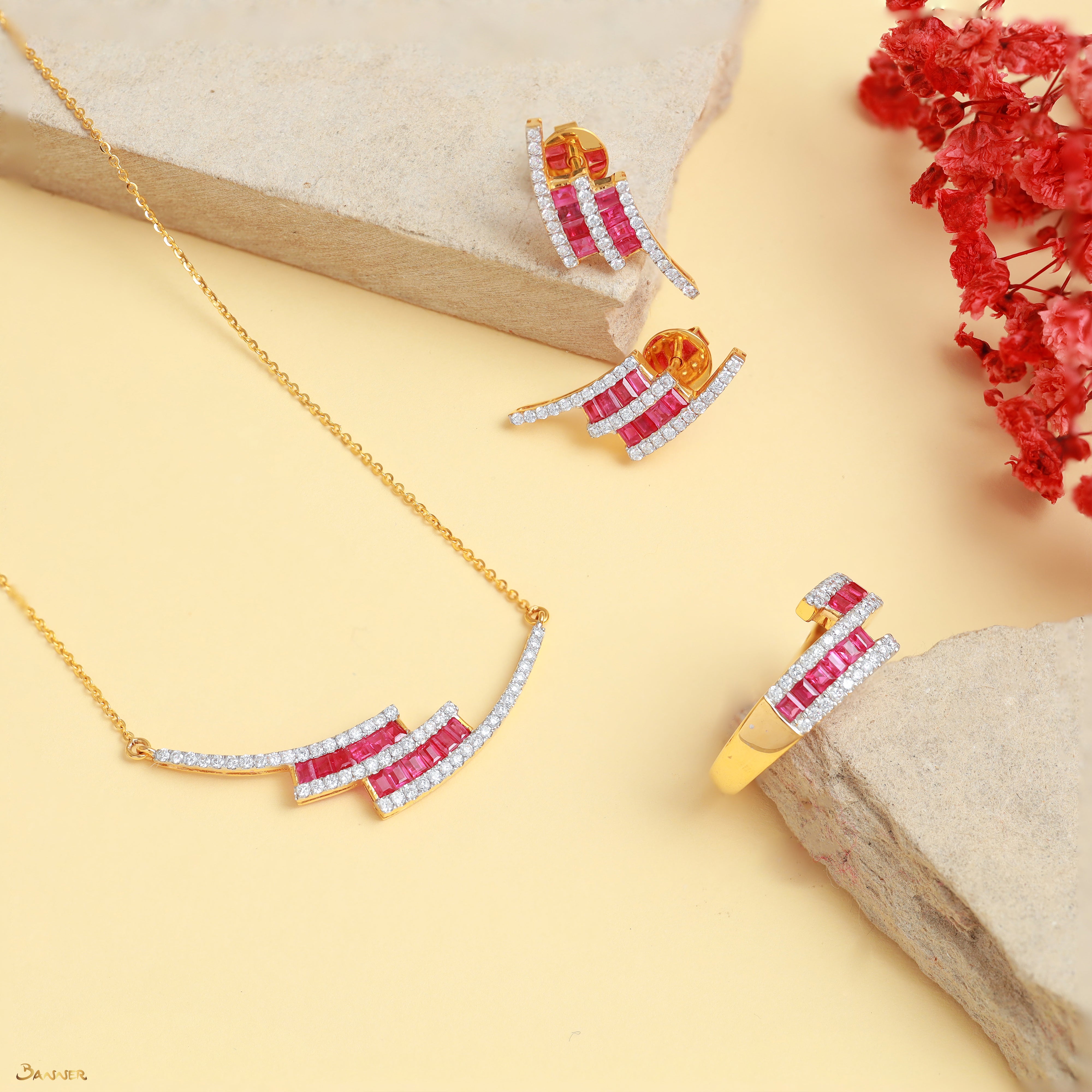 Ruby Emerald-cut and Diamond Double Bypass Necklace