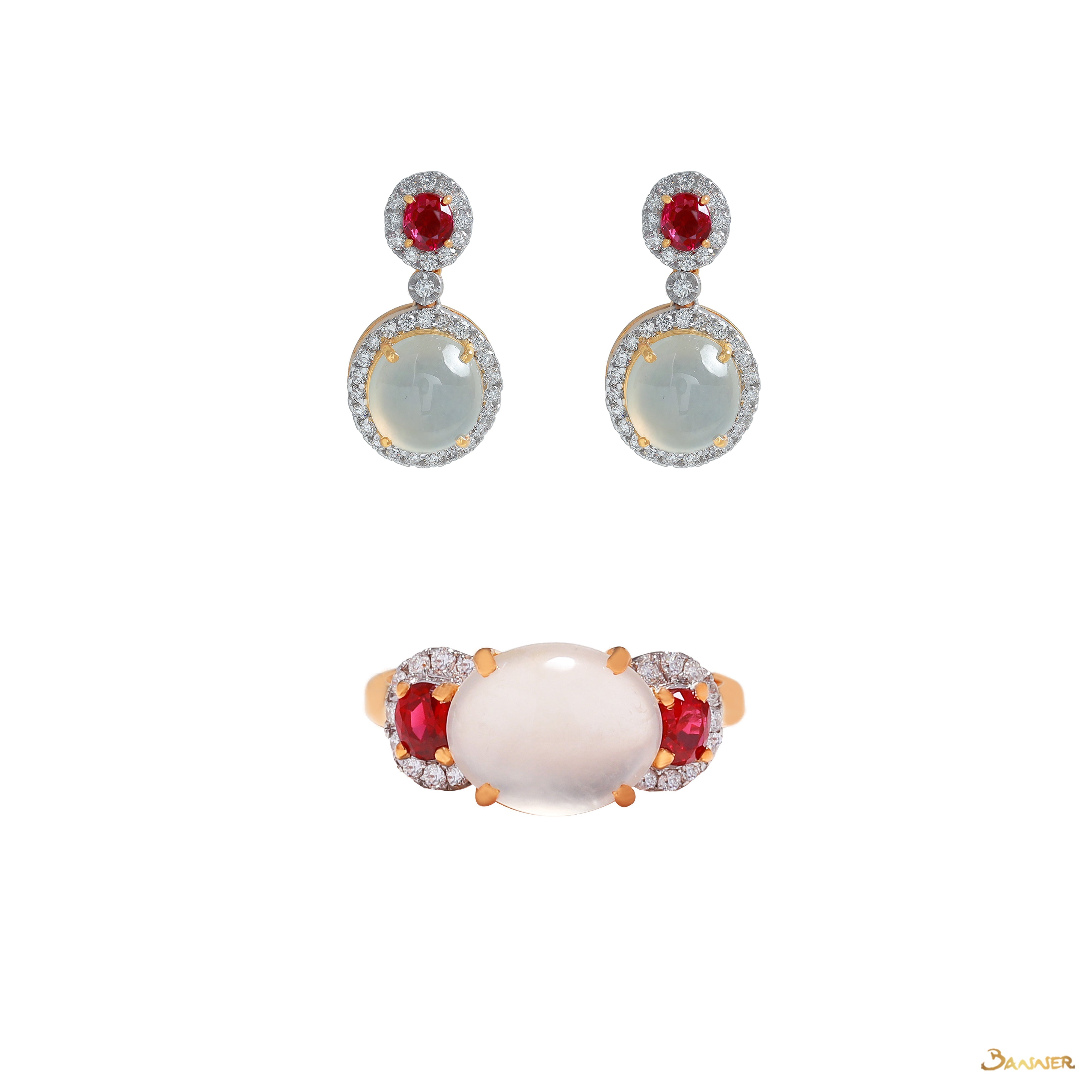 White Jade , Ruby and Diamond Halo Set