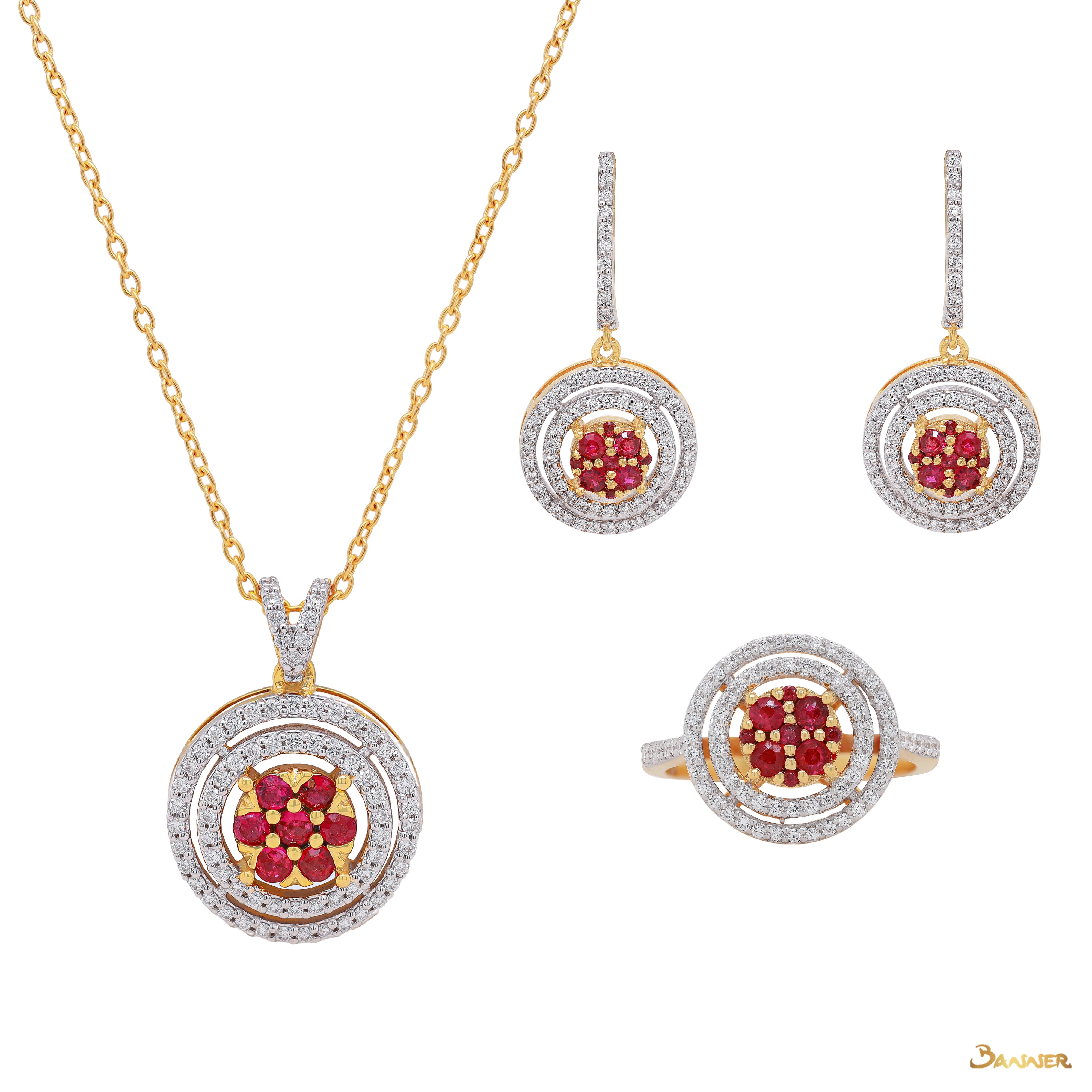 Ruby and Diamond Double Halo Set