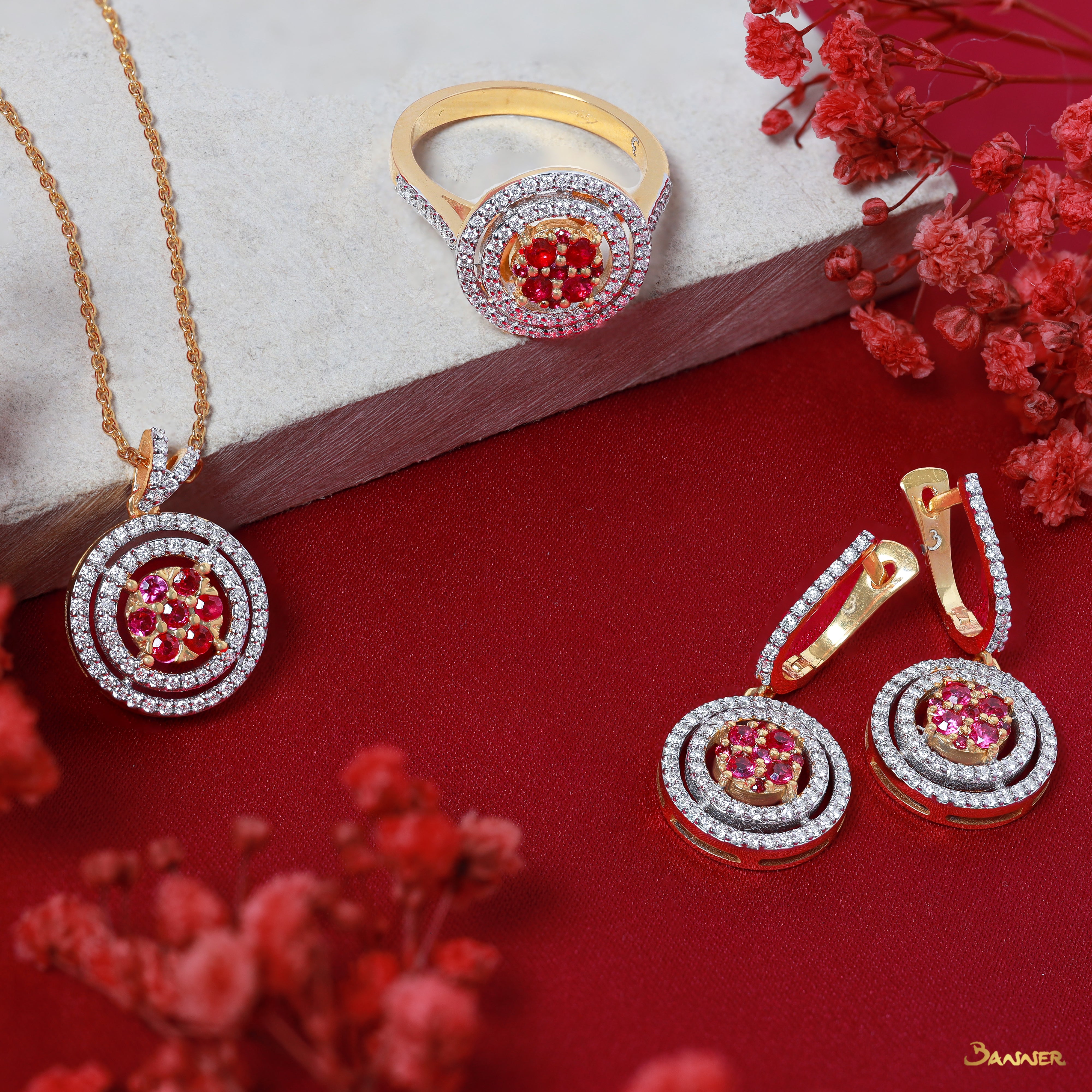 Ruby and Diamond Double Halo Set