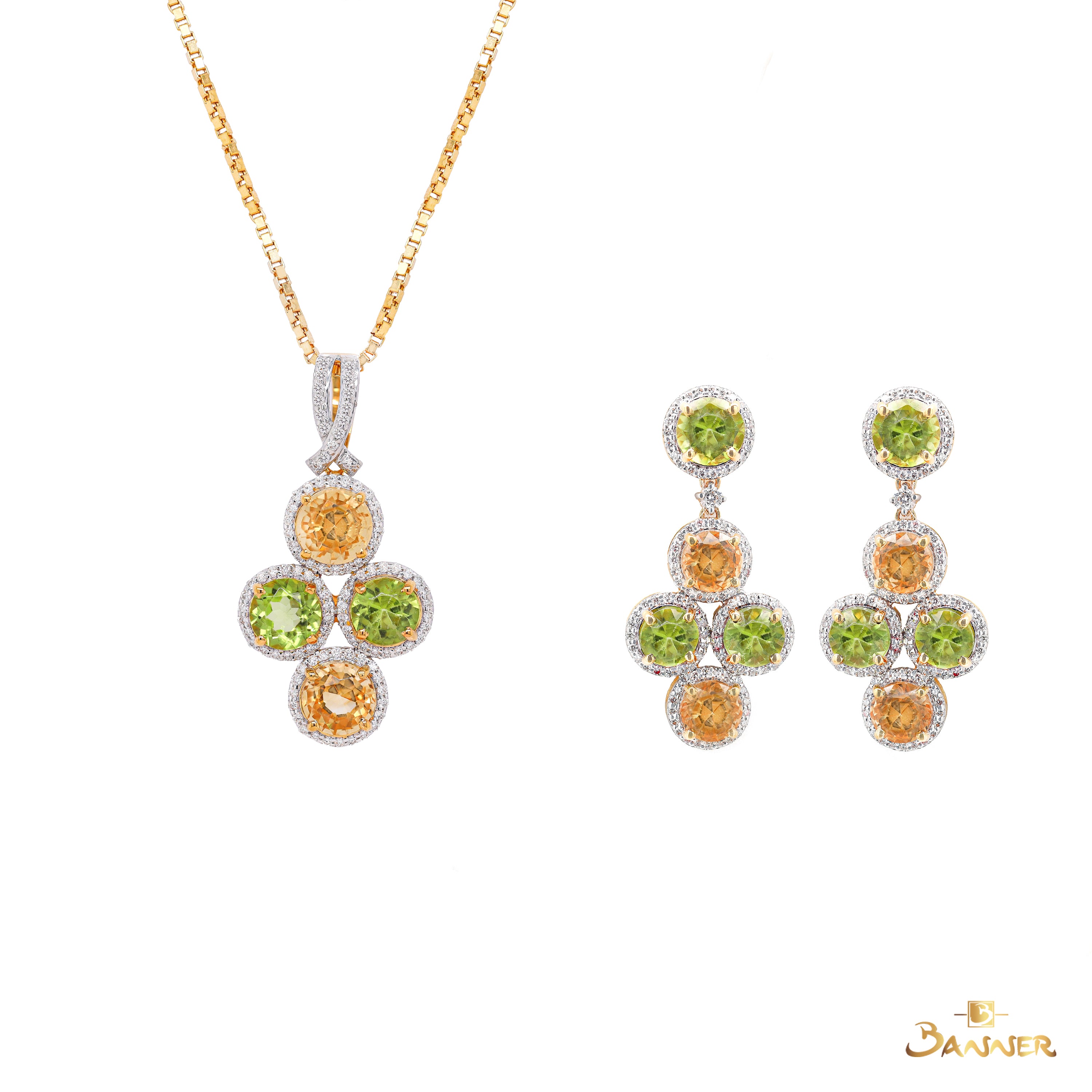 Peridot, Citrine and Diamond Luminous Halo Set