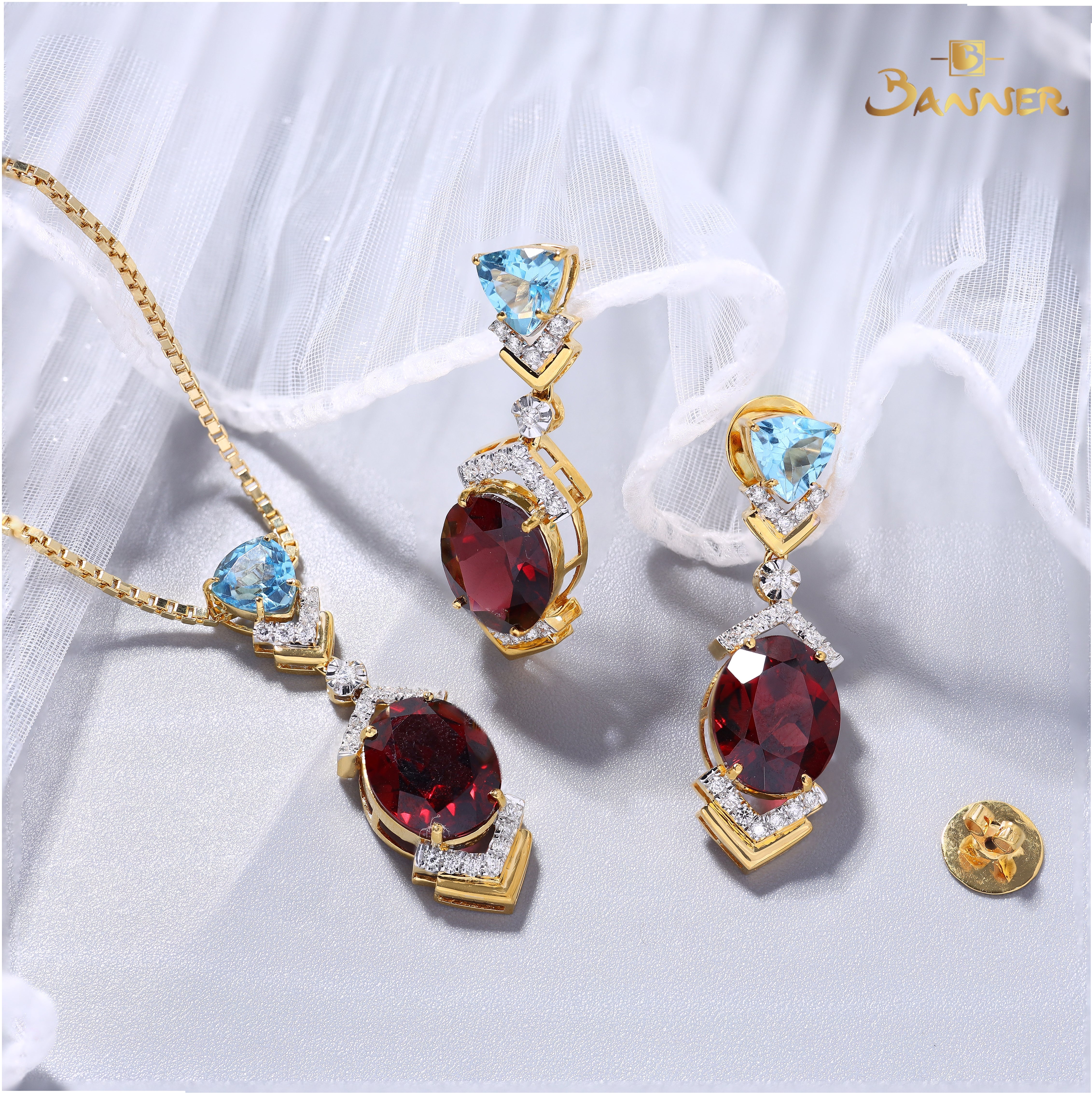 Garnet , Blue Topaz and Diamond Crystalis Set
