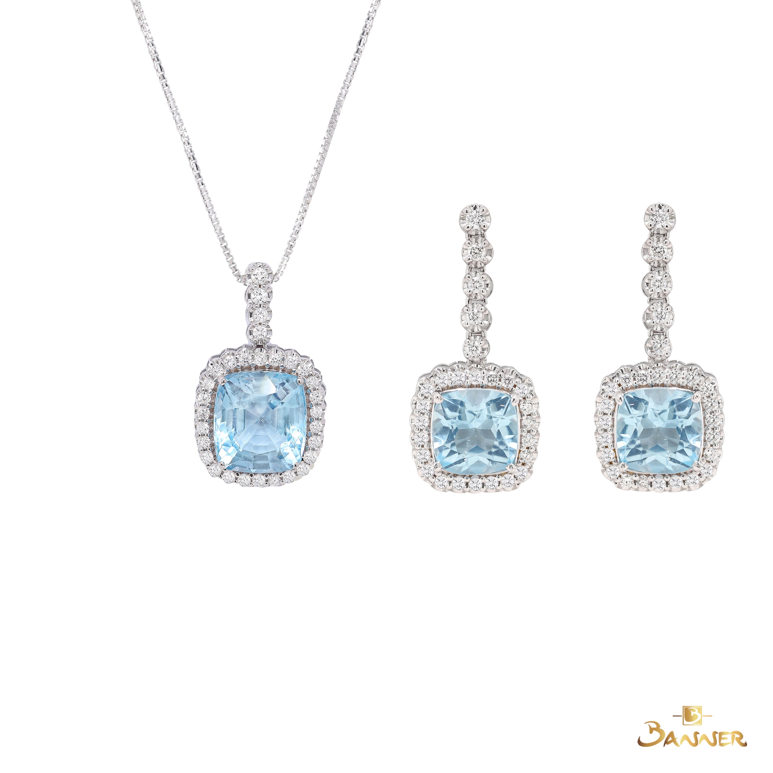 Blue Topaz and Diamond Halo Dangle Set