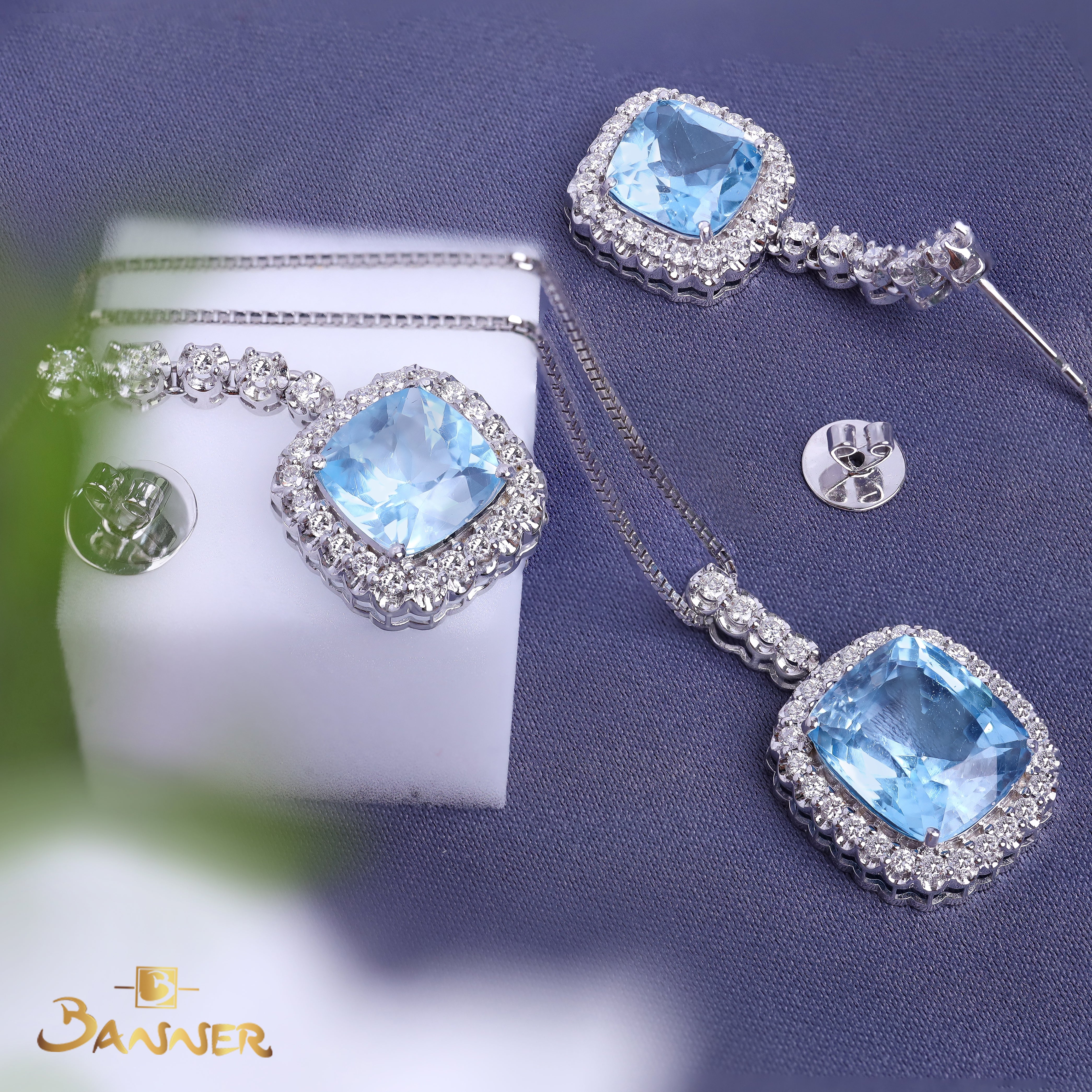 Blue Topaz and Diamond Halo Dangle Set