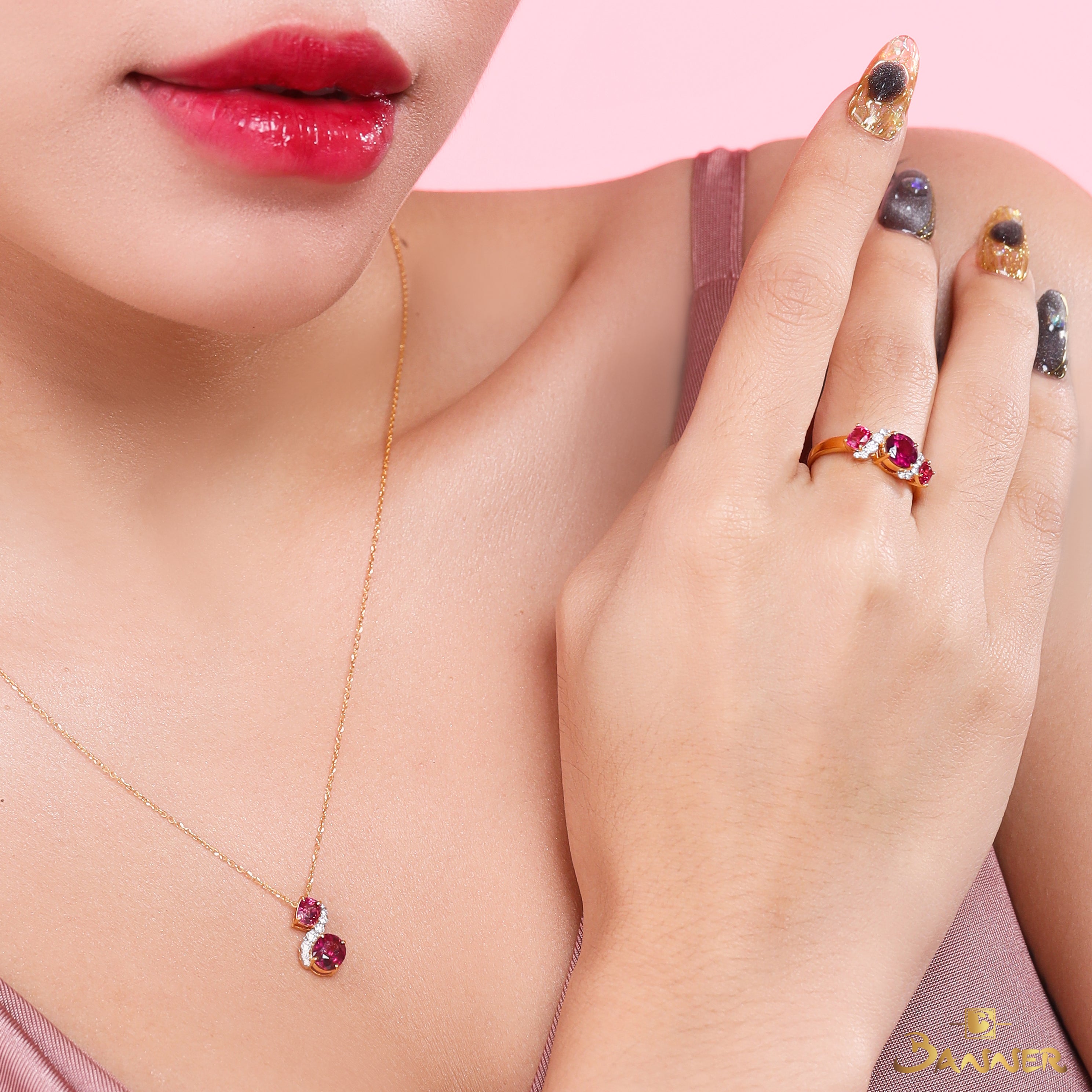 Pink Spinel and Diamond Twist Set