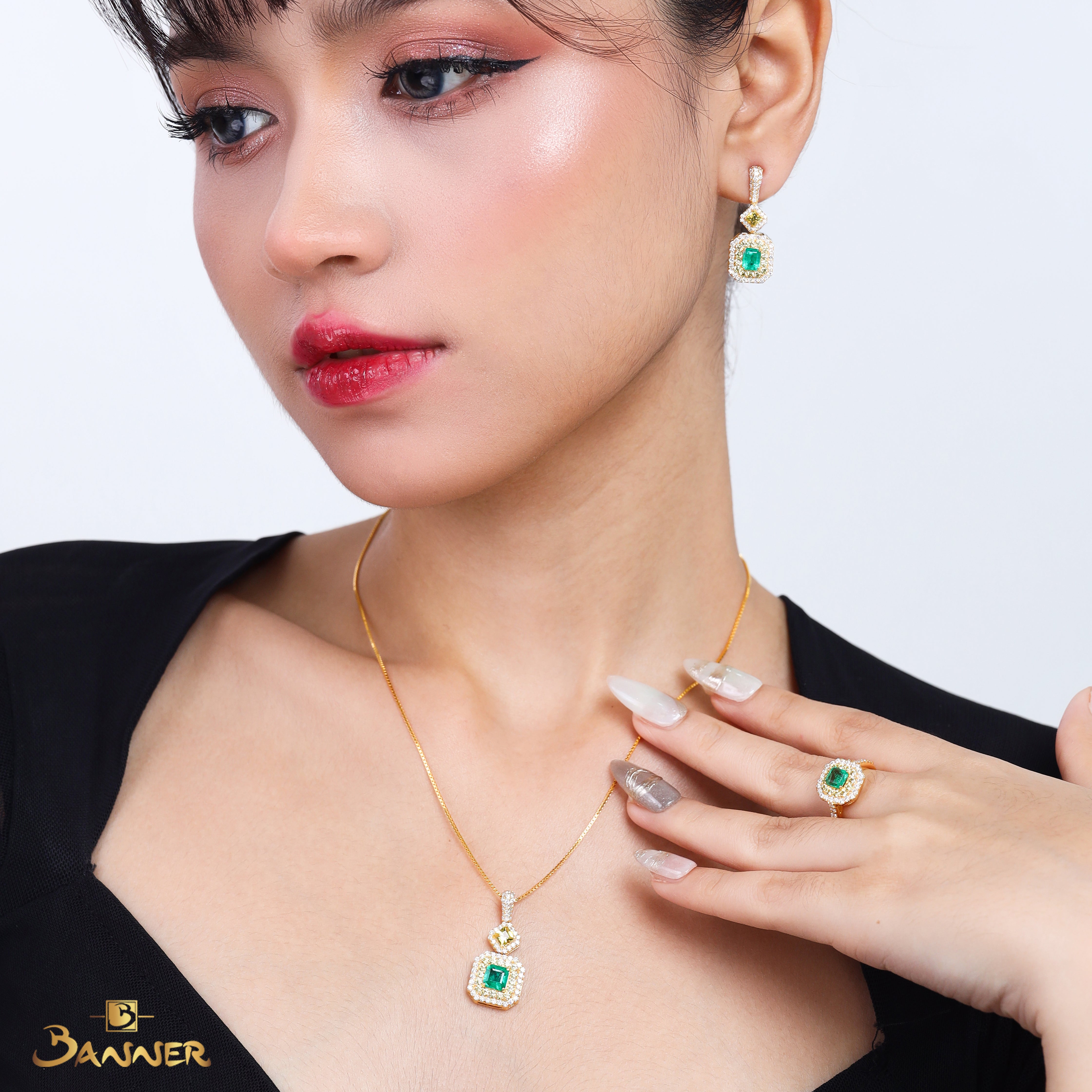 Emerald , Yellow Sapphire and Diamond Dual Halo Set