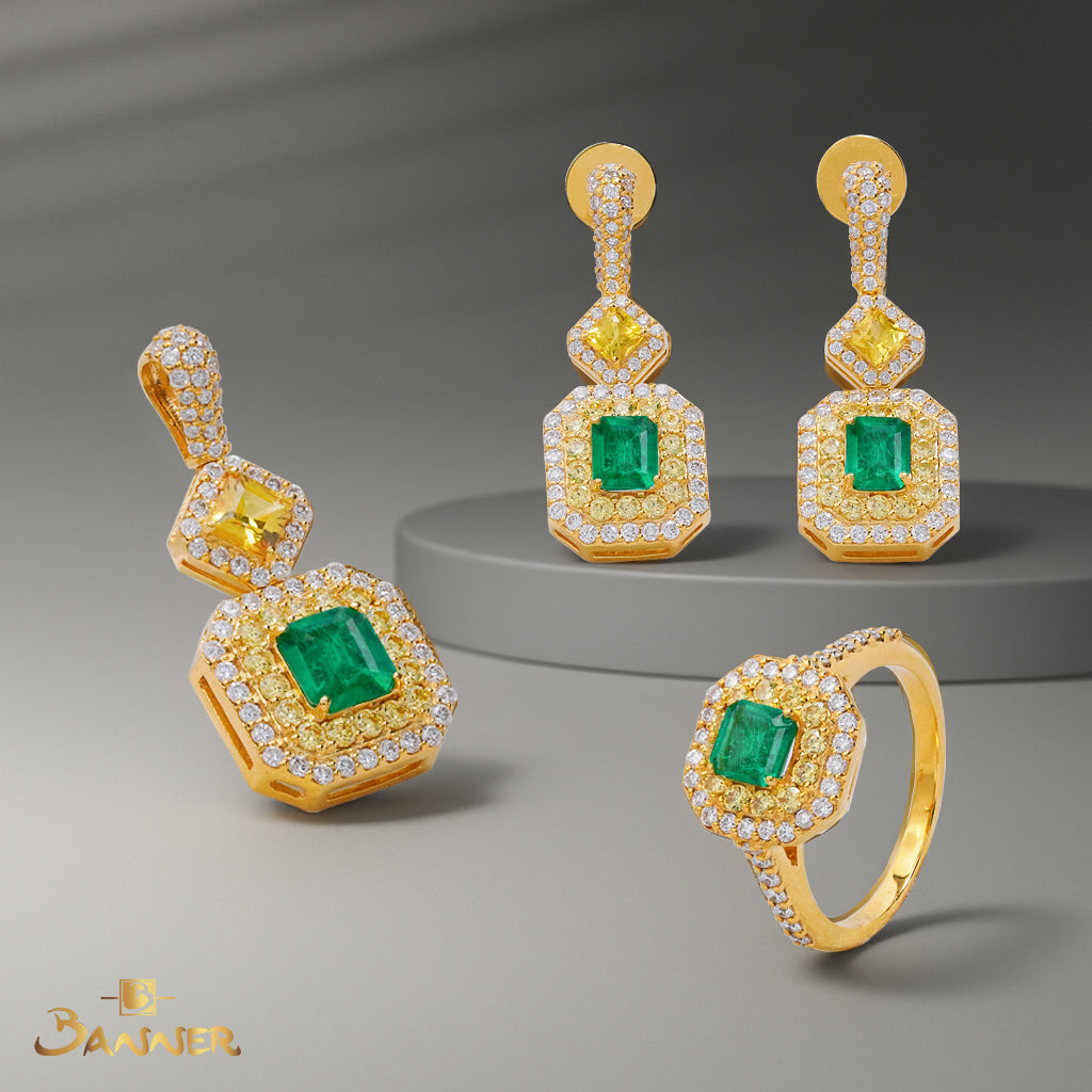 Emerald , Yellow Sapphire and Diamond Dual Halo Set