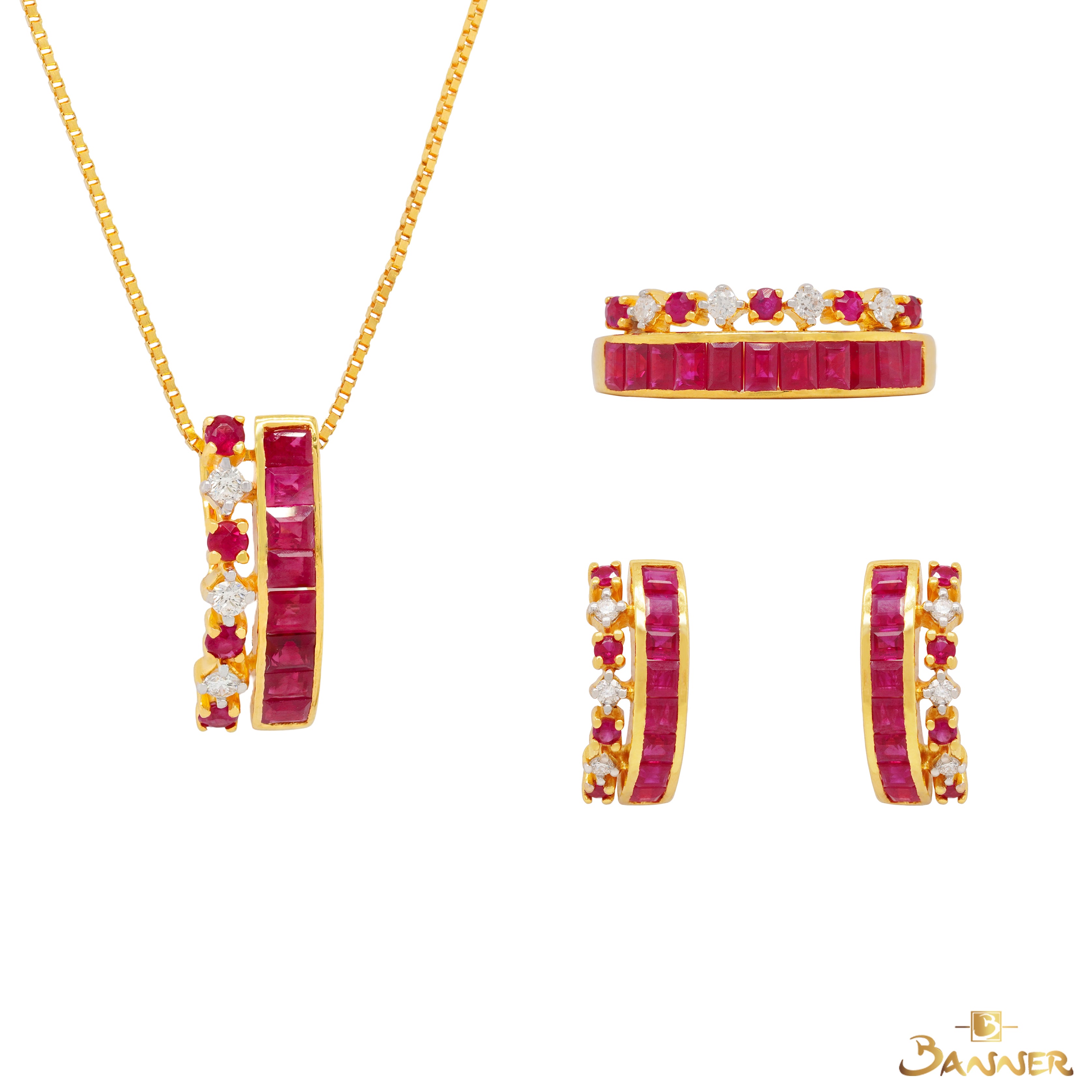 Emerald-cut Ruby and Diamond Crown Set